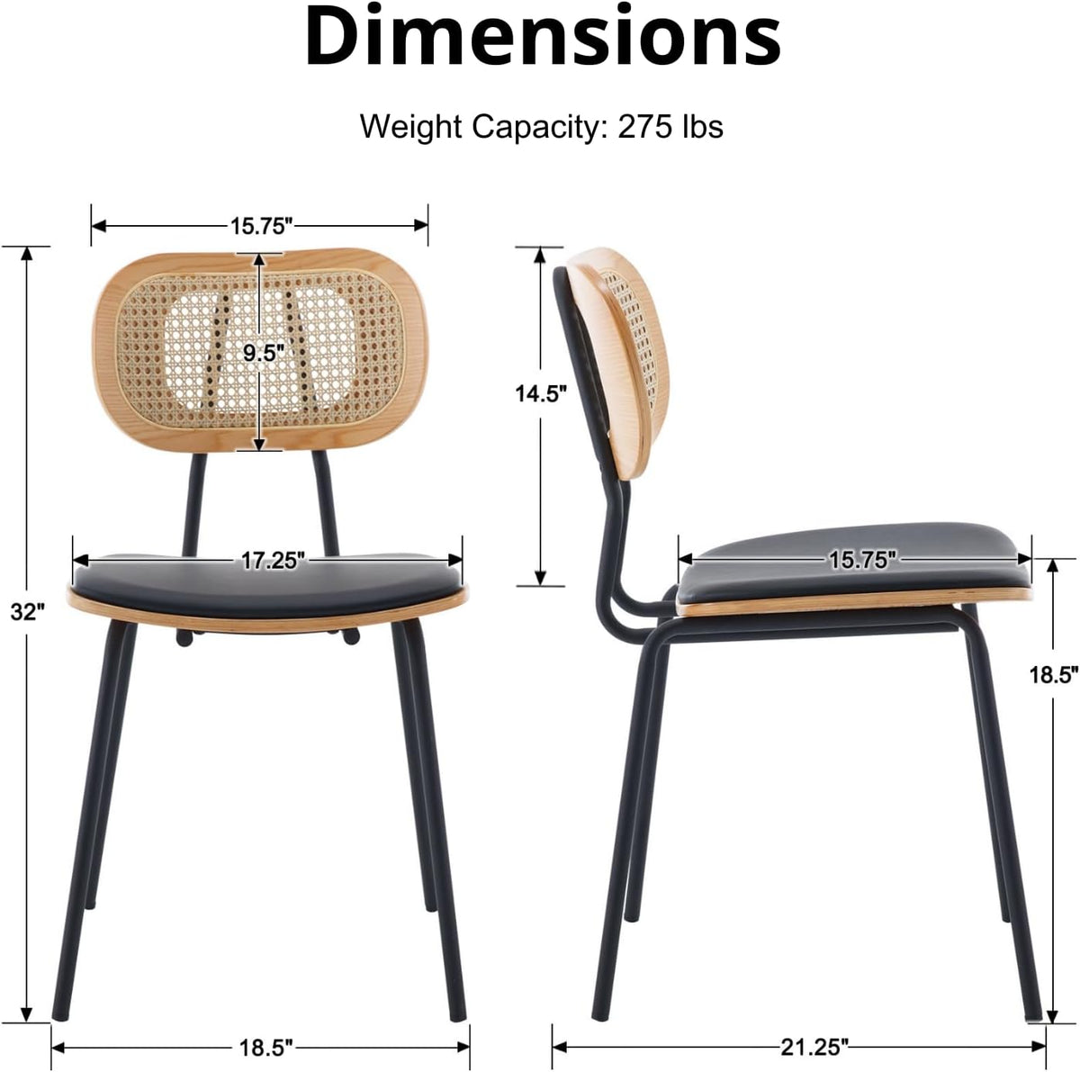 Modern Dining Chairs Set of 2, Upholstered Faux Leather Rattan Dining Chairs with Backrests