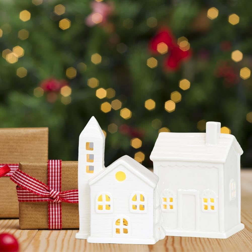 White Ceramic Christmas Village Houses, Christmas Village Sets, LED Lighted Christmas Village Houses, White Porcelain