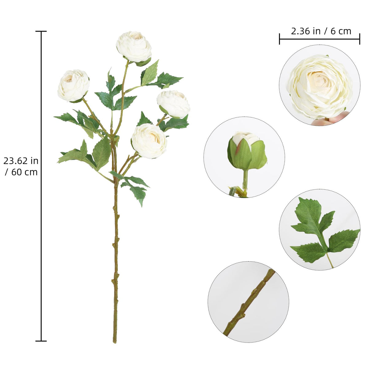 White Ranunculus 3PCS 18 Head Faux Silk Ranunculus Flower