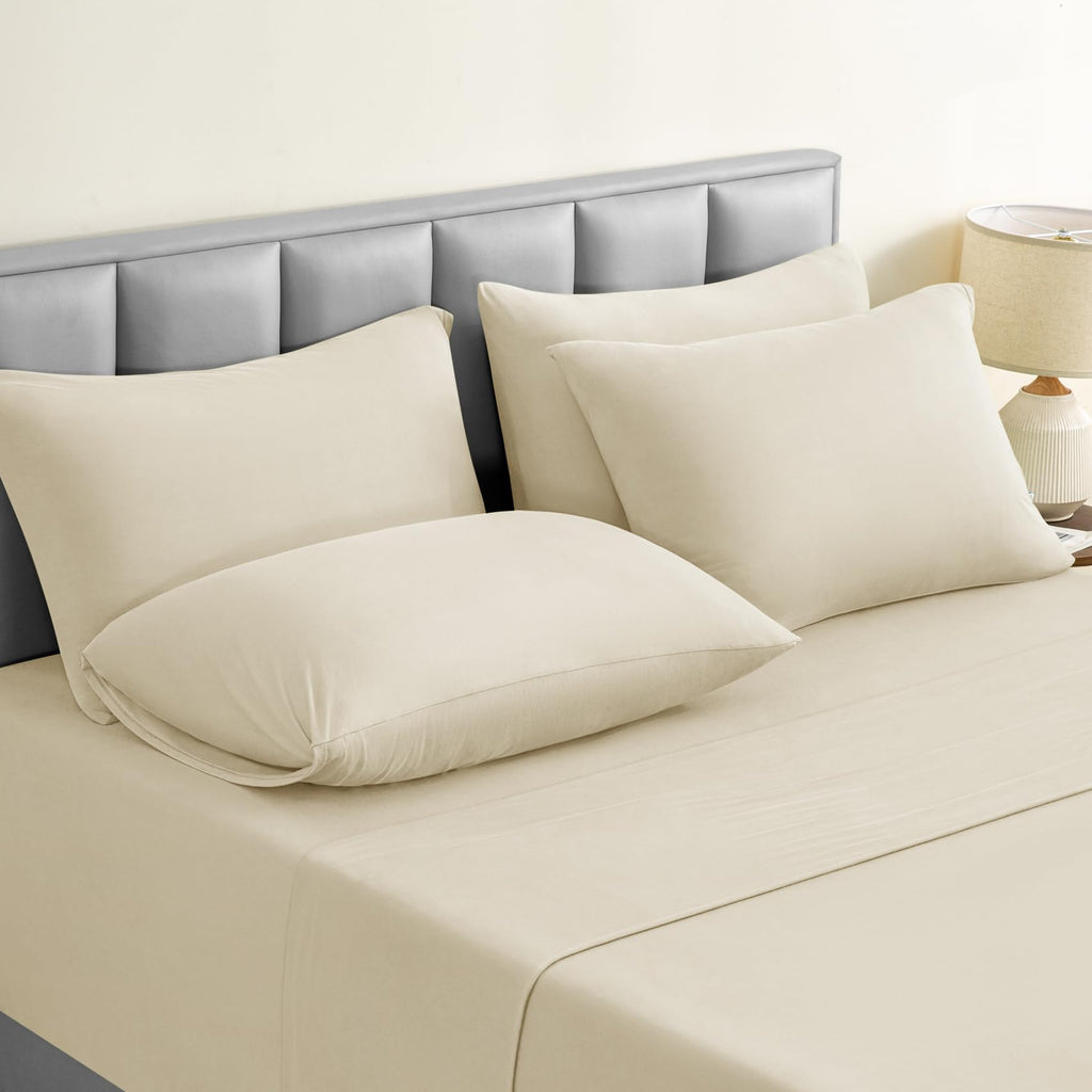 Jersey Knit King Size Sheets Set 6 Pieces, Stretch Super Soft and Wrinkle-Free Bed Sheets, Spandex Blend with 18-inch