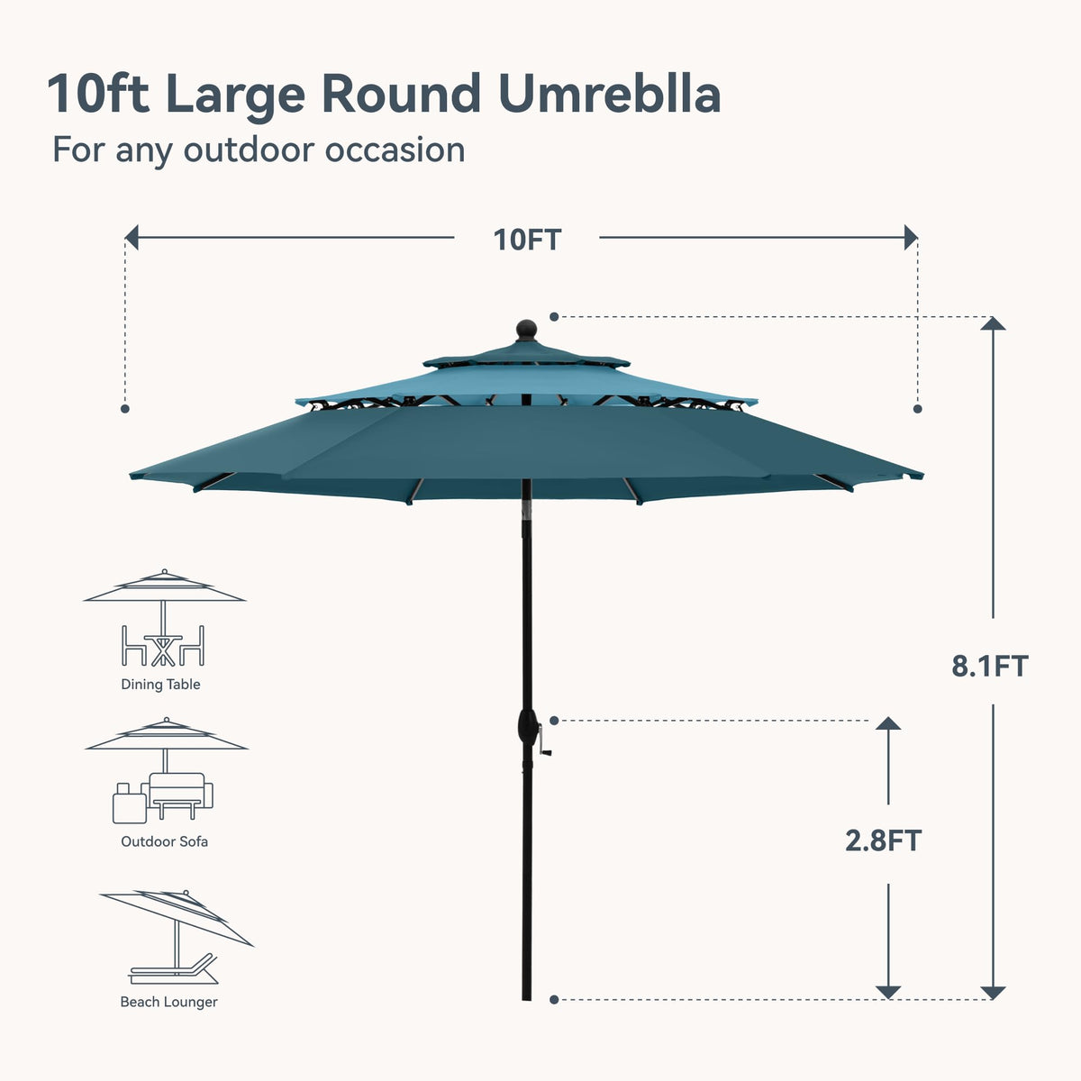 10ft Outdoor Patio Umbrellas, 3 Tier Table Umbrella, Cyan & Green