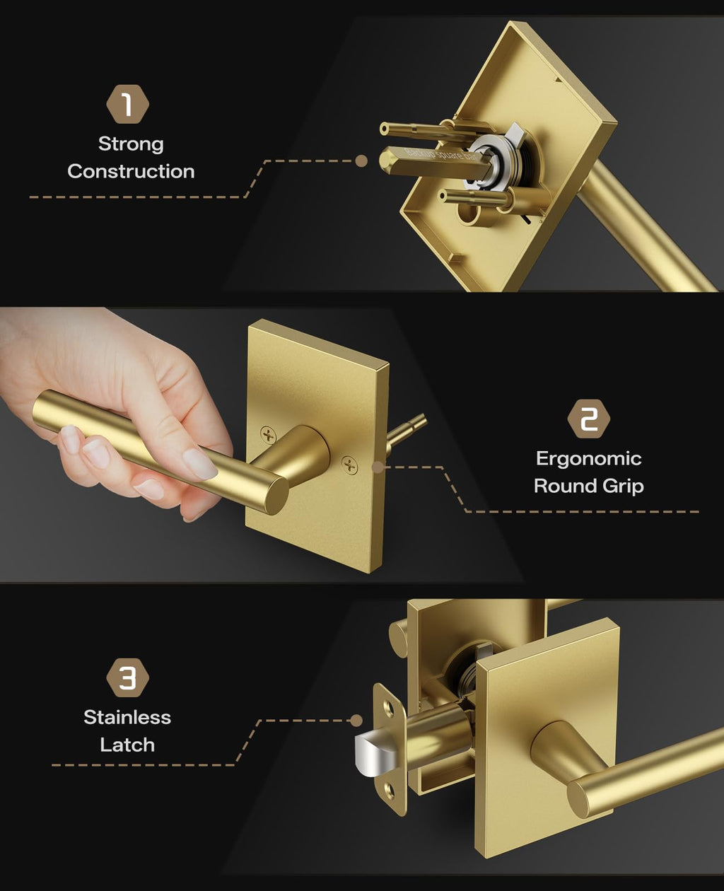 10 Pack Brushed Gold Passage Interior Door Handles