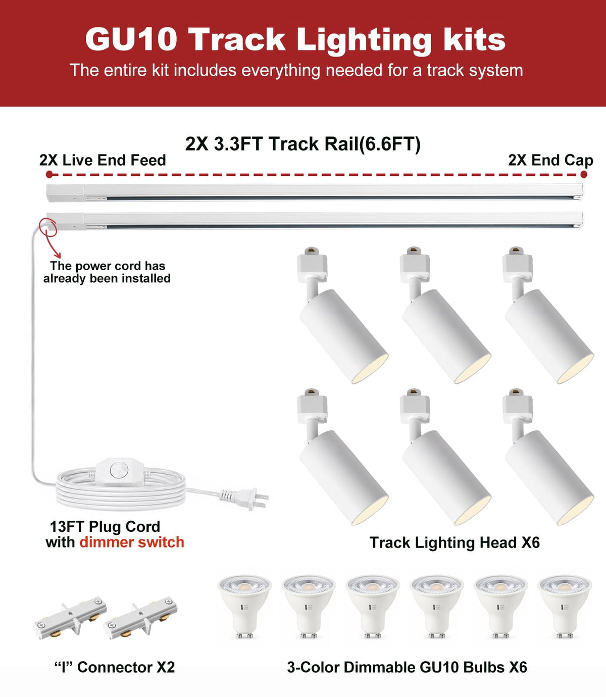 Plug in Track Lighting Dimmable with Power Cord, 6-Light Track Lighting Kit with 6.6FT H Type Track Lighting