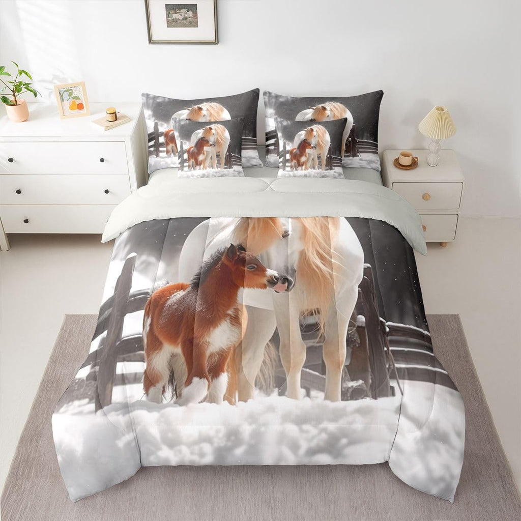 Western Horse 7 Piece Bedding Set | Rustic Cabin Snow Winter Comforter Set with Sheets Horse Bed in A Bag 3D