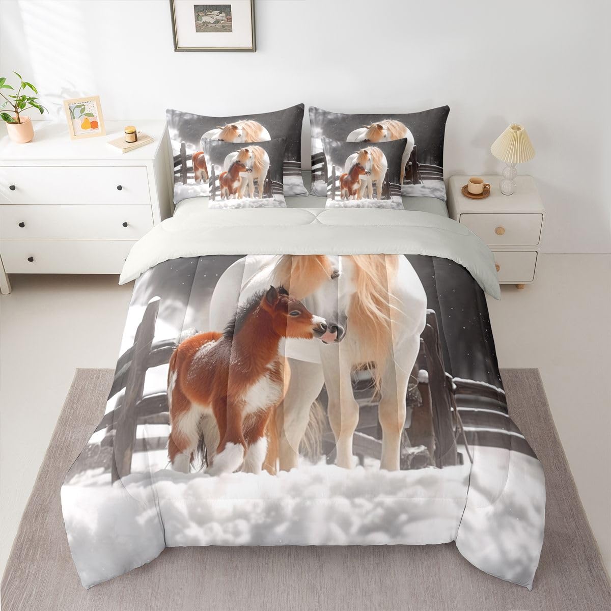 Western Horse 7 Piece Bedding Set | Rustic Cabin Snow Winter Comforter Set with Sheets Horse Bed in A Bag 3D