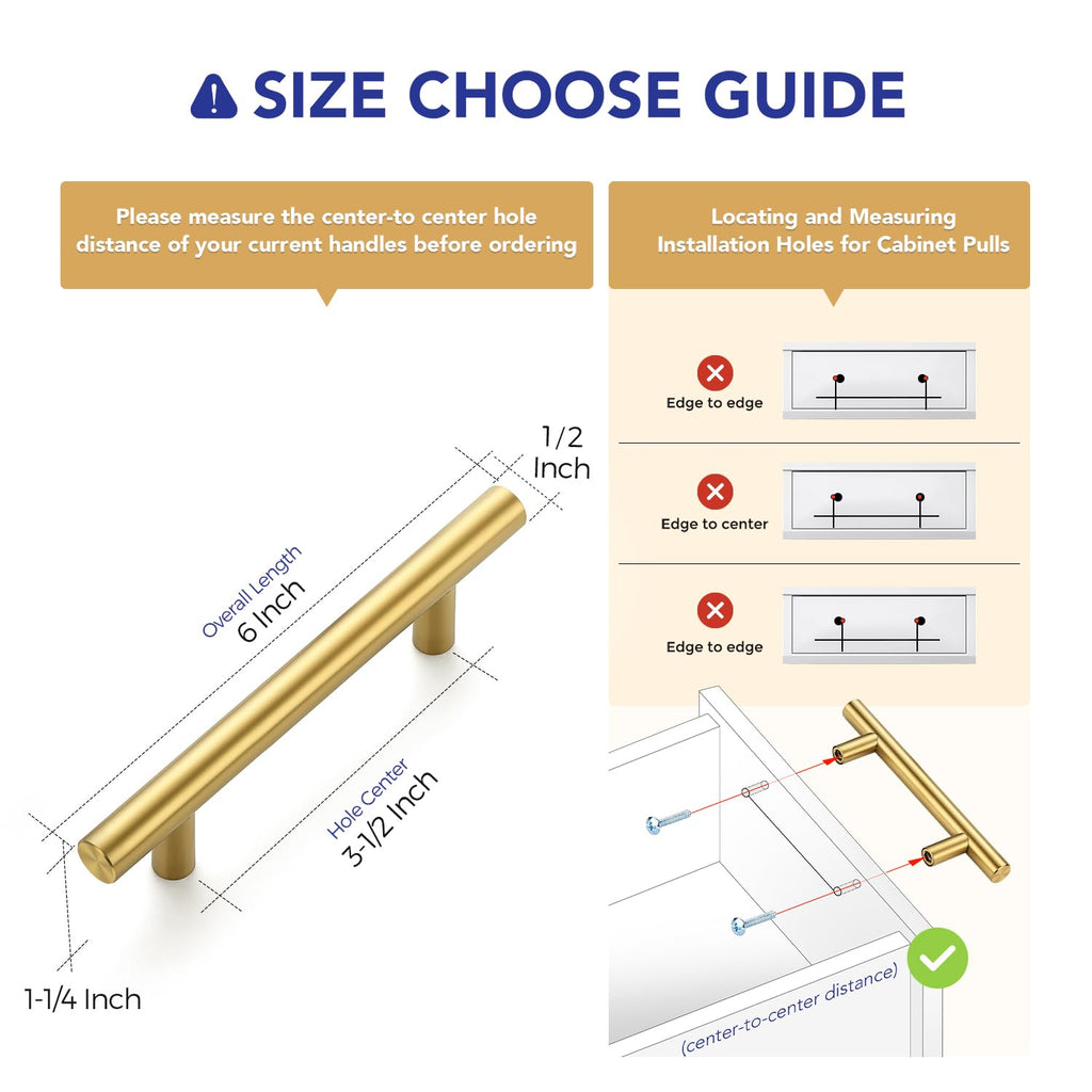Brushed Gold Cabinet Handles,Round T Pulls,3-1/2 Inch,10 Pack