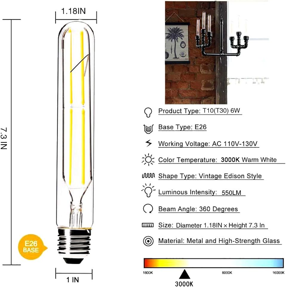 Dimmable 6W Tubular LED Bulbs, 3000K Warm White,Edison Style Filament Light Bulb, T10 Vintage Bulb 60 Watt