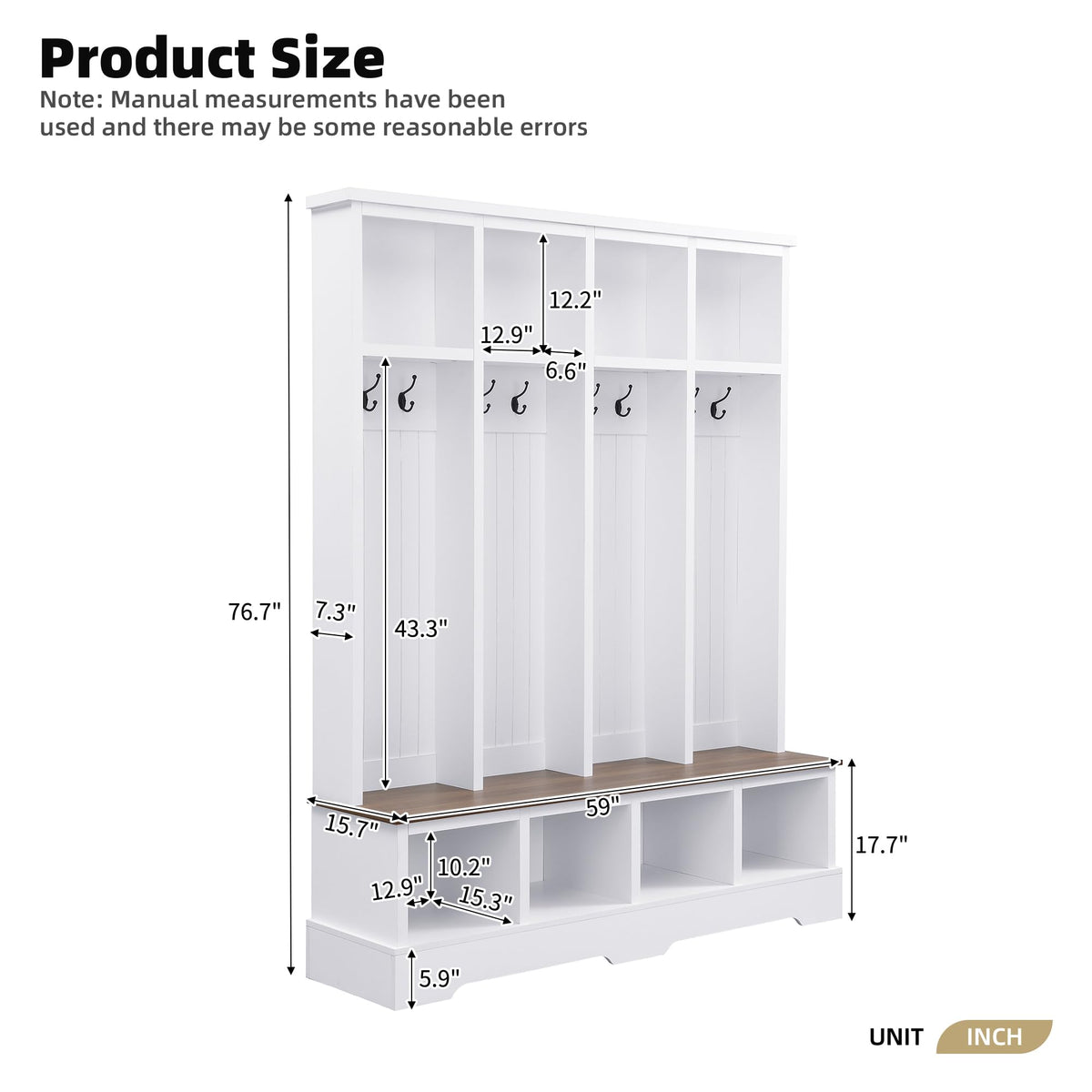 59" W Hall Tree, Farmhouse Entryway Storage and Wood Coat Rack, Entryway Furniture with 8 Hooks, Hall Tree with Bench