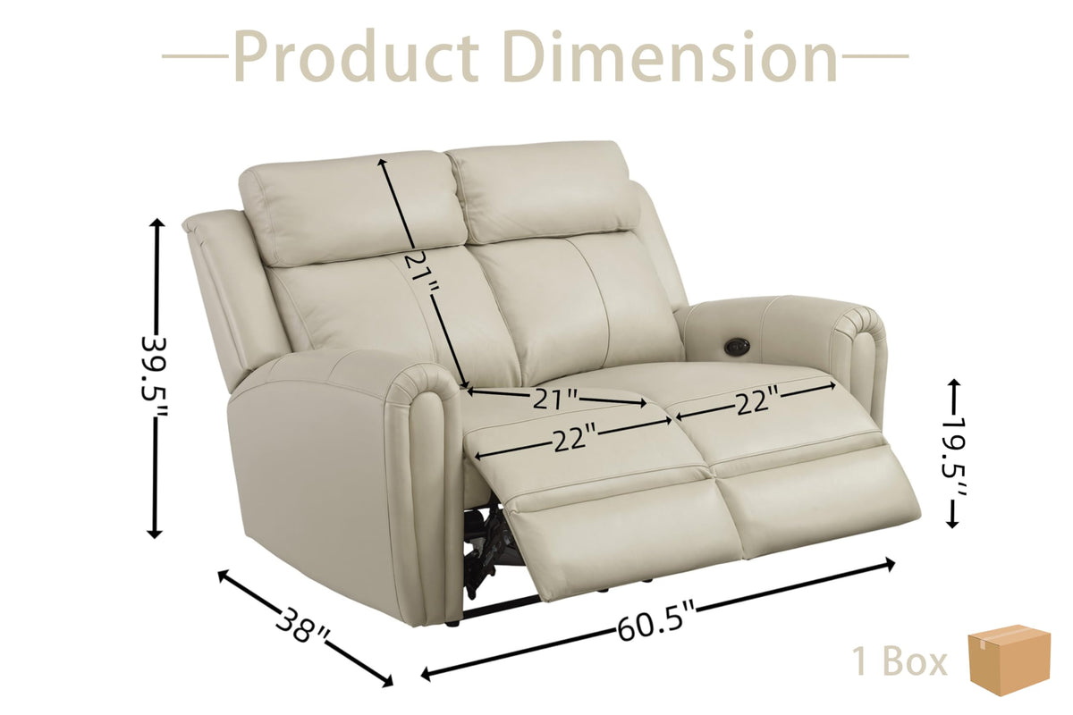 Beige Genuine Leather Power Recliner Sofa Loveseat with USB Port.
