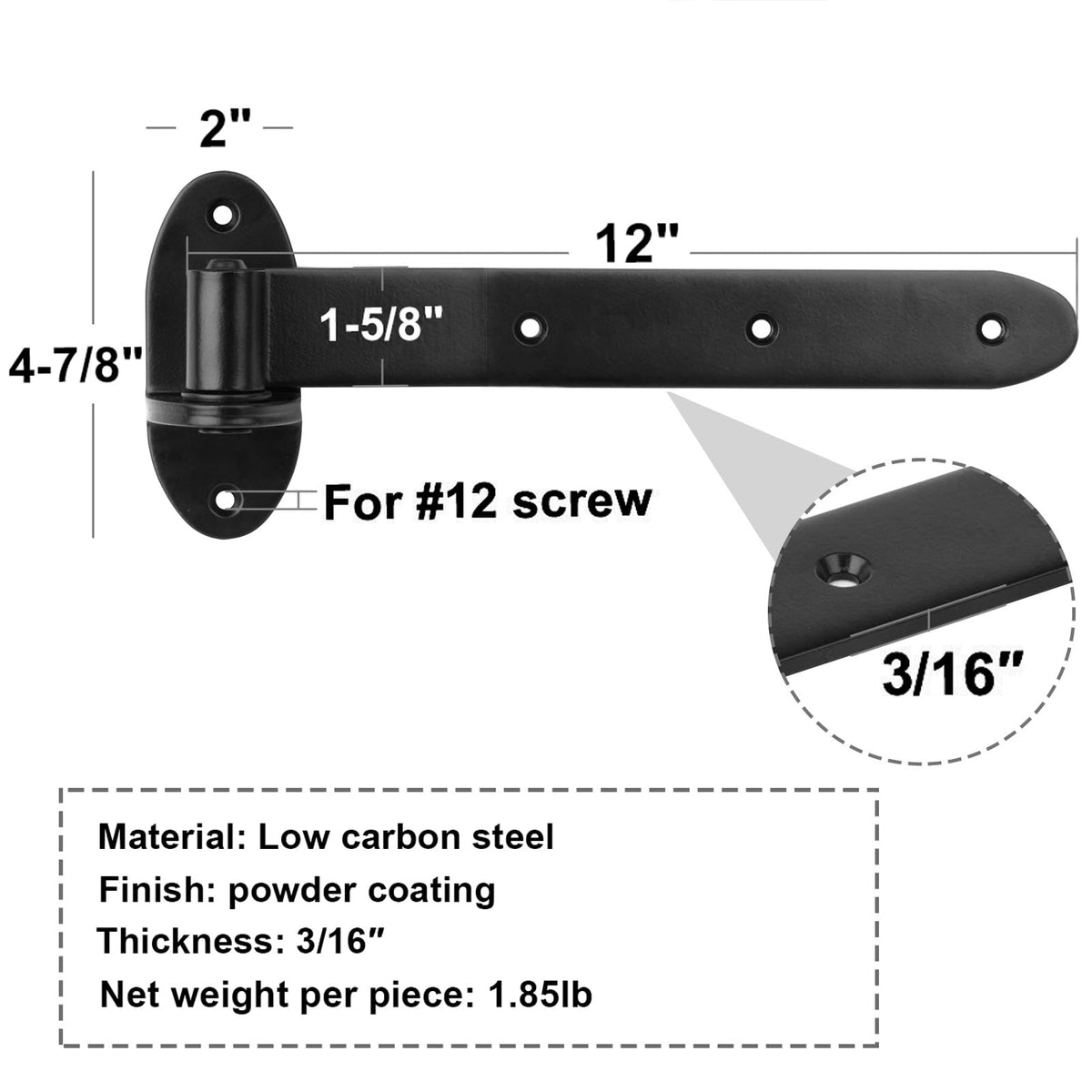 4 Pack 12" Black Strap Gate Hinge, Heavy Duty T Shape Lift Off Door Hinge