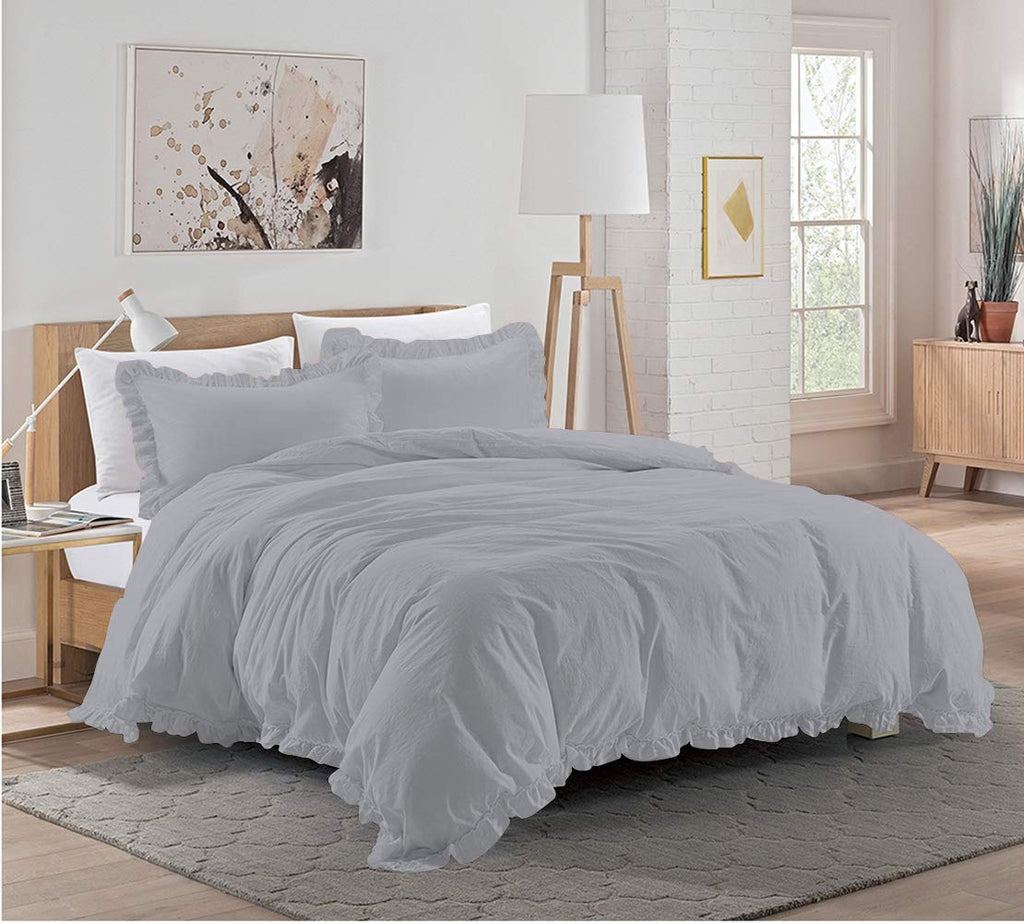 3 Pieces Ruffle Duvet Cover Set with Zipper Closure, 100% Egyptian Cotton 1000 Thread Count (Super King, Silver)