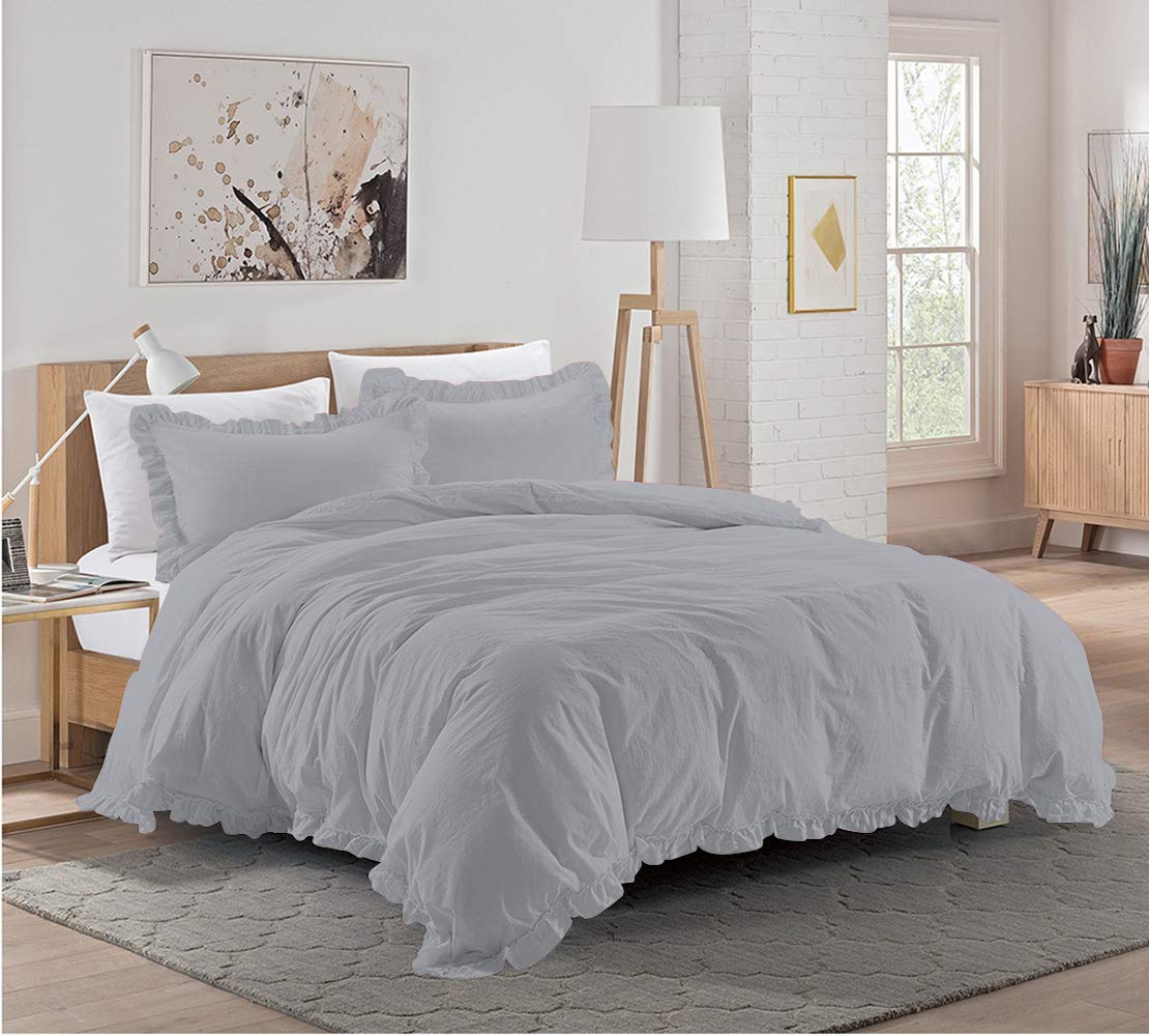 3 Pieces Ruffle Duvet Cover Set with Zipper Closure, 100% Egyptian Cotton 1000 Thread Count (Super King, Silver)