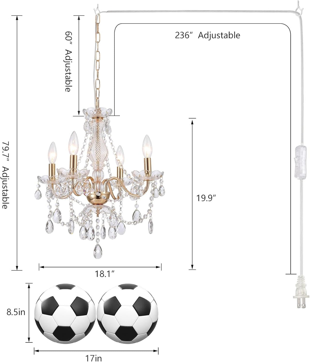 Plug in Crystal Chandelier,French Country Gold Crystals Chandelier Pendant Lighting