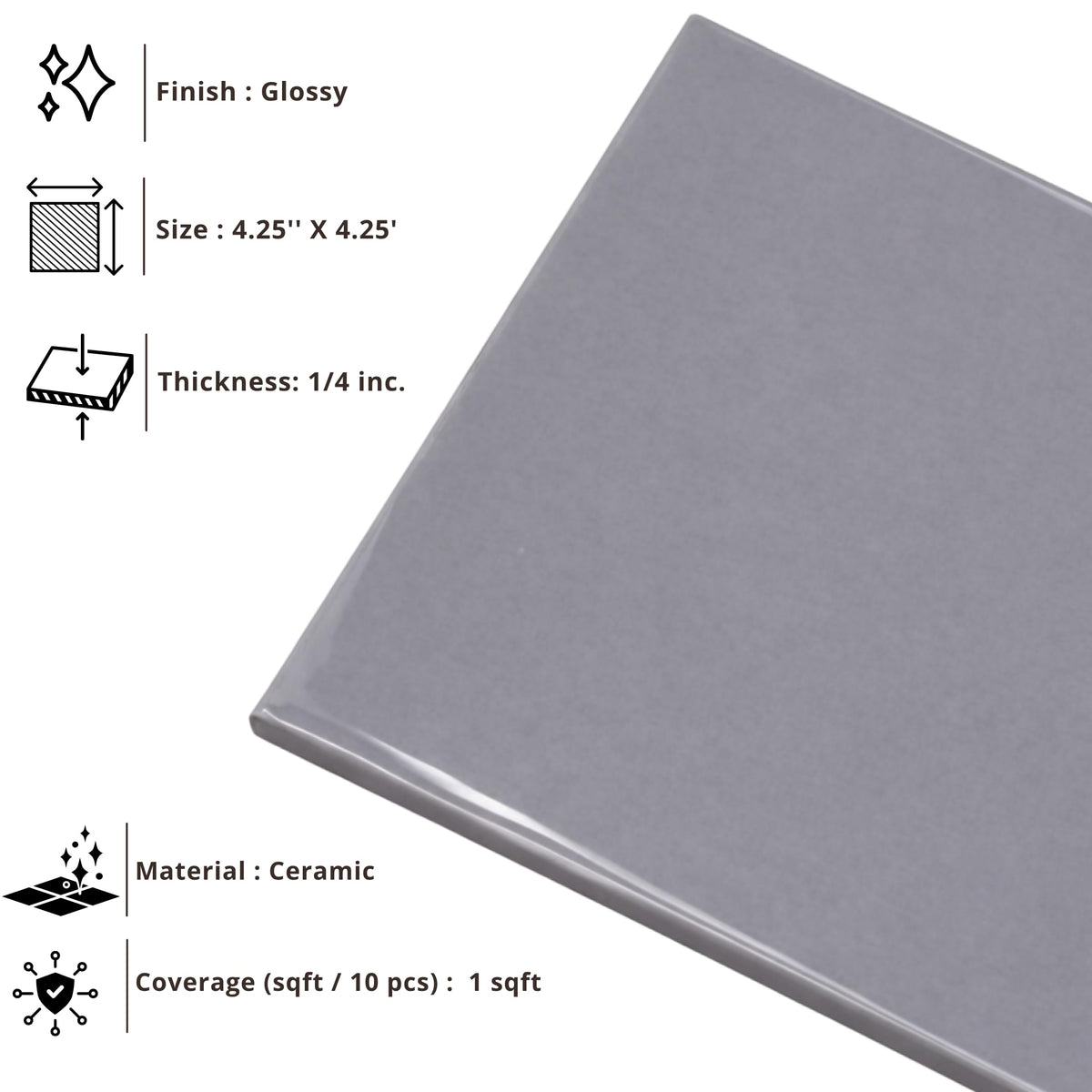 4 in Ceramic Tile Gloss 4 1/4" Box of 10 Pieces Wall and Kitchen Backsplash by - Glossy Finish, Classic Look (Gray)
