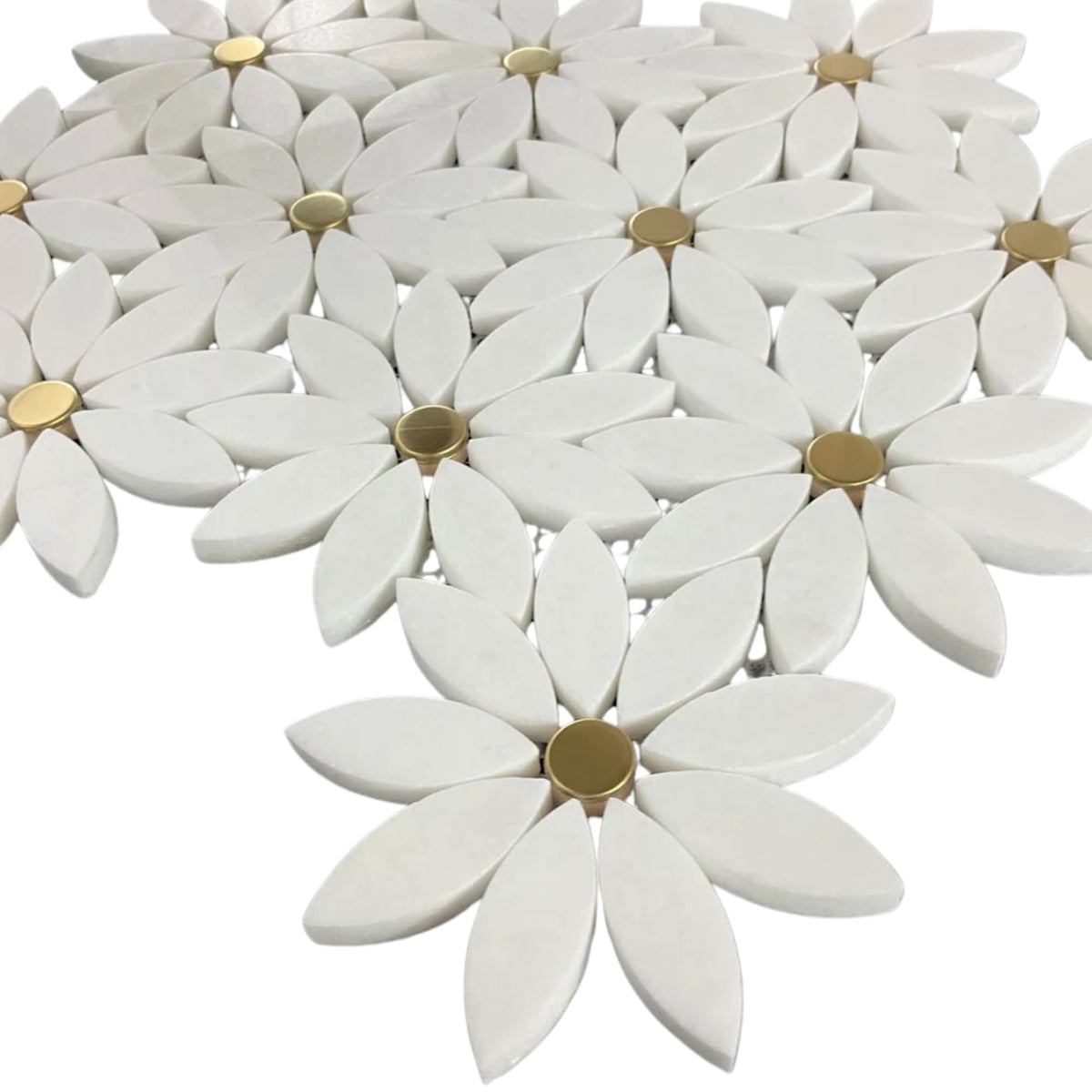 Thassos White Marble Daisy Flower Mosaic Tile with Gold Metal Inlay 12x12 Inches - Decorative Natural Stone Wall &