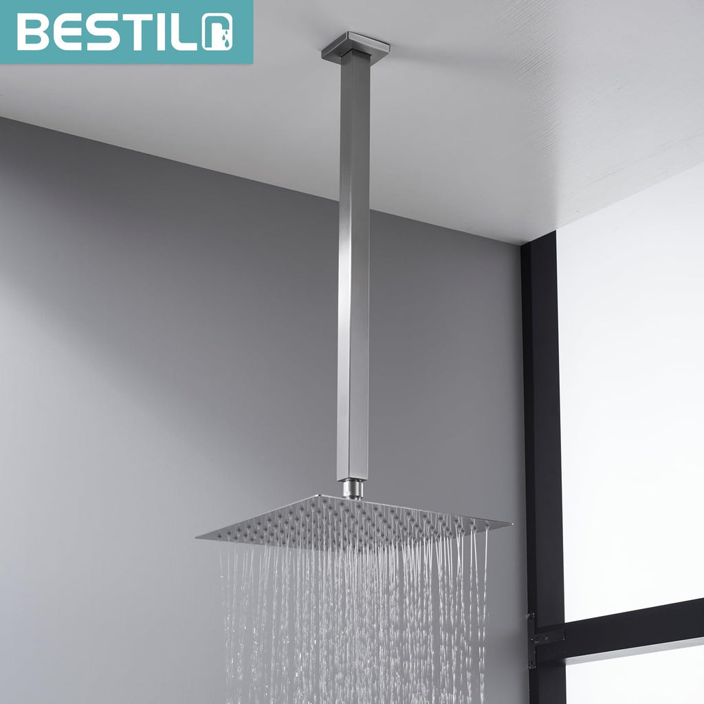 20 Inch Brushed Nickel Ceiling Mount Shower Arm and Flange, Square Rain Shower Arm