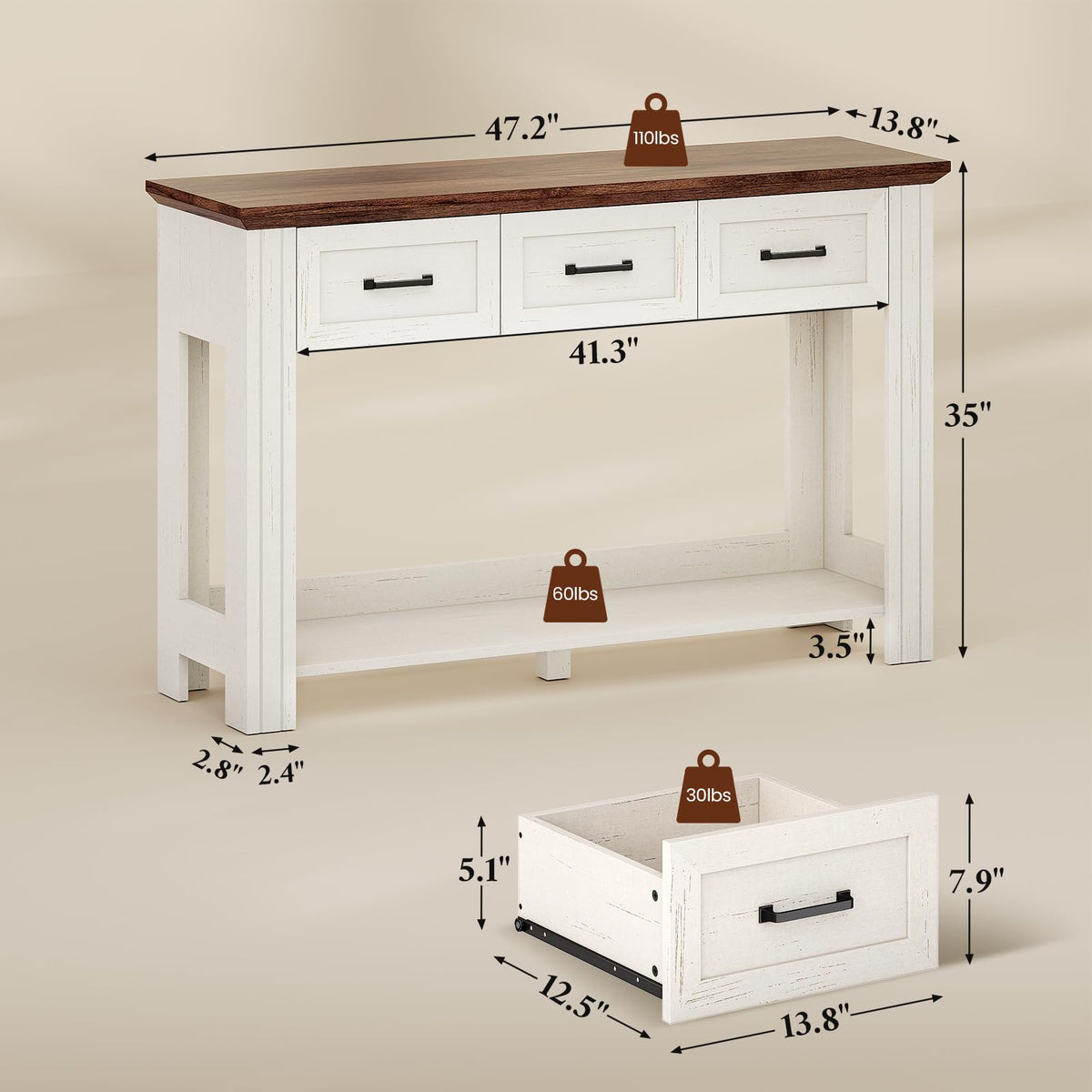 47" Farmhouse Console Table with 3 Drawers, Rustic Entryway Table