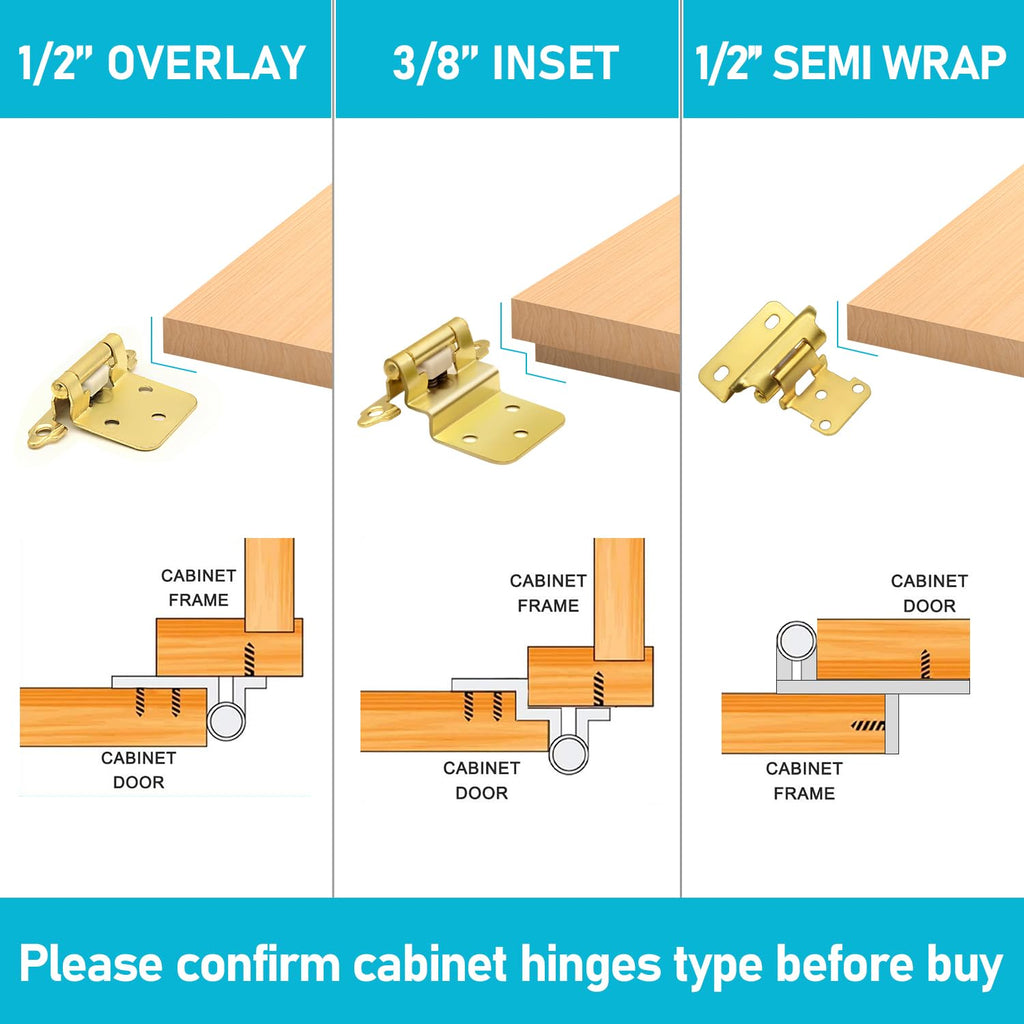 20 Pack (10 Pairs) 1/2 Inch Overlay Partial Wrap Hinges Brass Gold