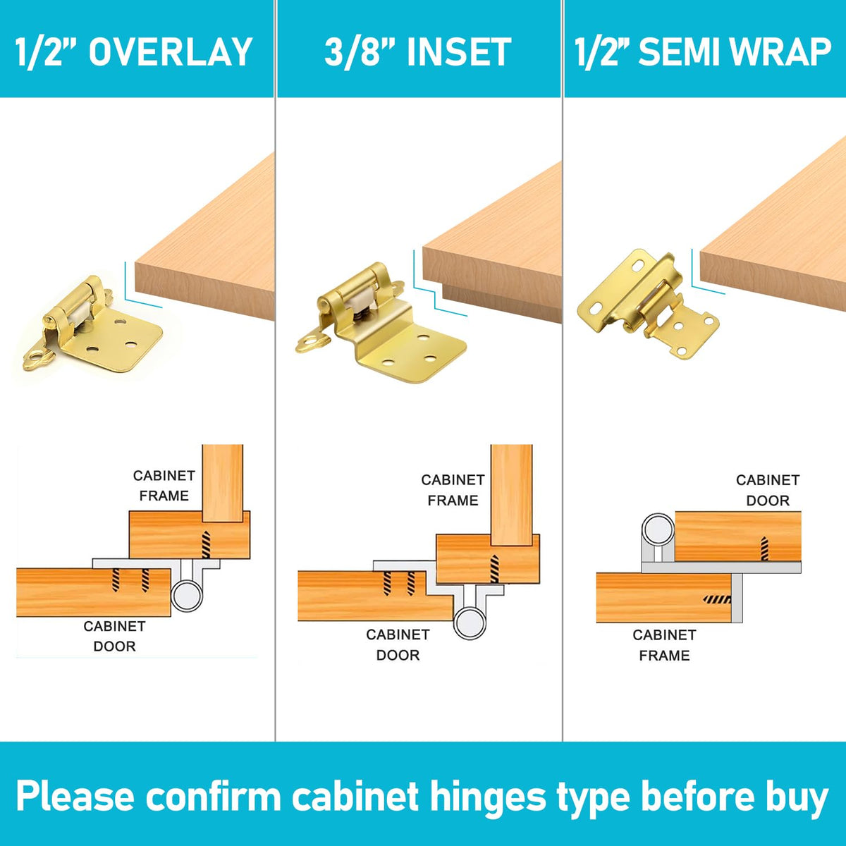 20 Pack (10 Pairs) 1/2 Inch Overlay Partial Wrap Hinges Brass Gold