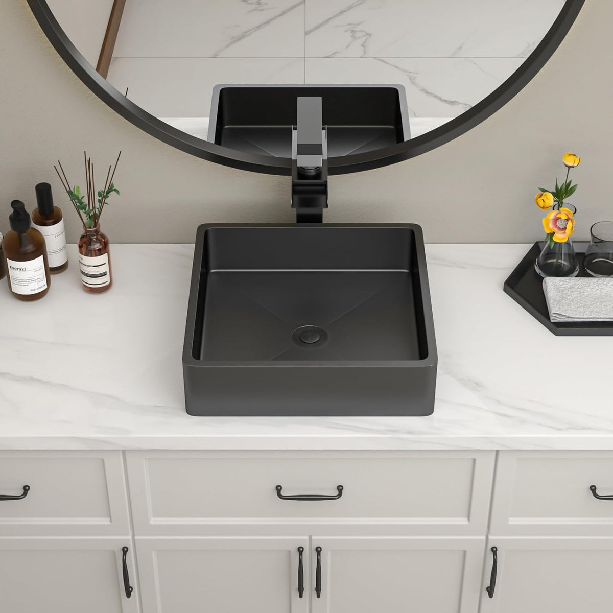 15 Inch Black Bathroom Vessel Sink, 15"x15" Black Vessel Sink Stainless Steel Above Counter Bathroom Sink 16 Gauge