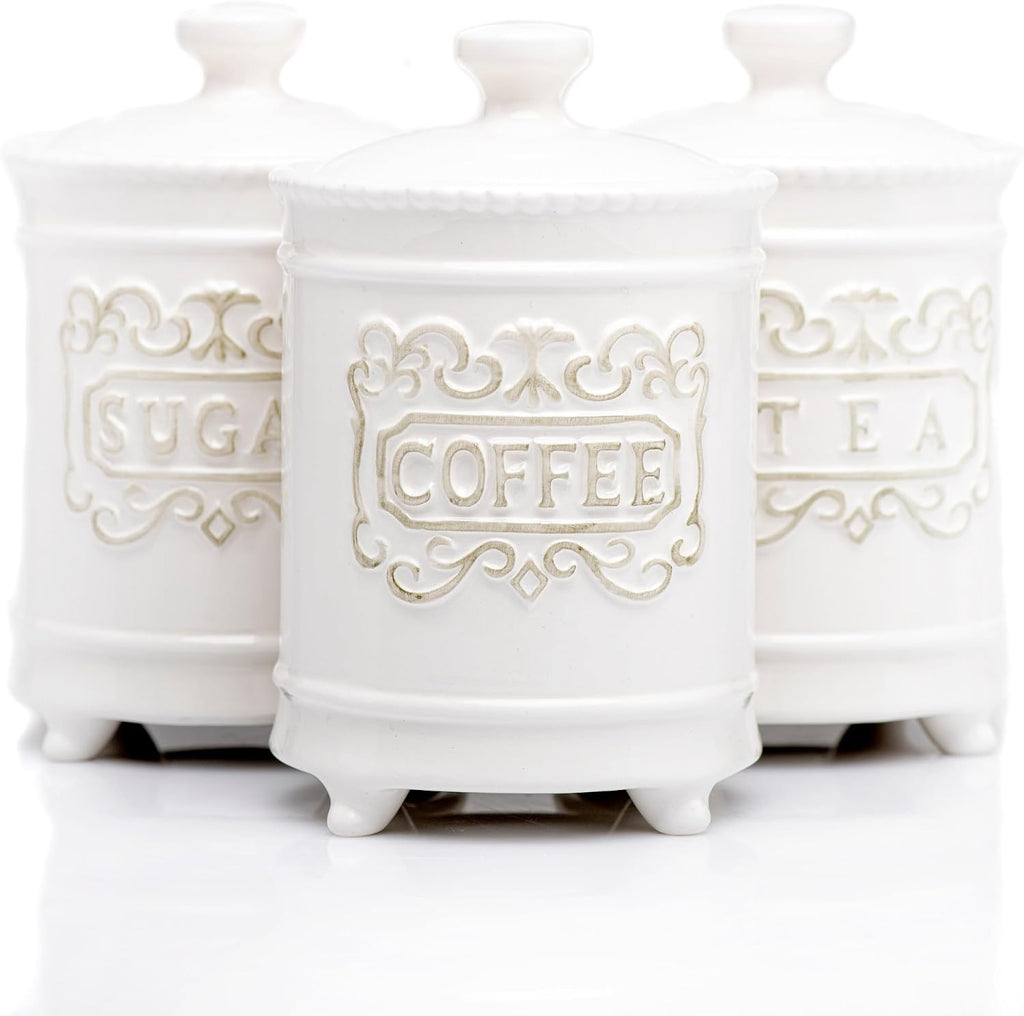 3-Piece Ceramic Canister Set, 35 Oz Each, 6.5-Inch, Airtight Lids - Set of 3
