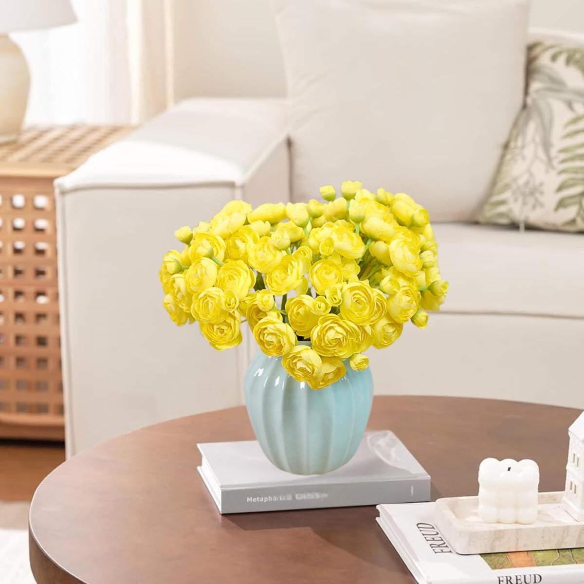 18Pcs Ranunculus Artificial Flowers, Yellow Faux Silk Mini Peony Flowers Fake Peonies Wedding Flowers DIY Bouquet for