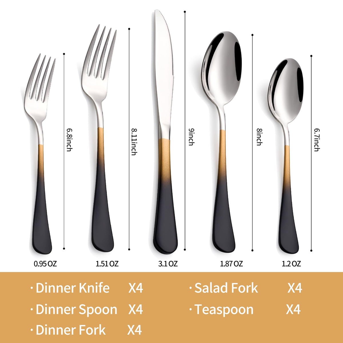 20-Piece Black Gold Silverware Set 18/0 Stainless Steel Silverware Set Black Gold Handle Cutlery Set Service for 4