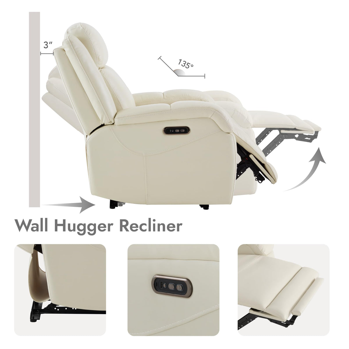 Oversized Genuine Leather Power Recliner Chair, Cream