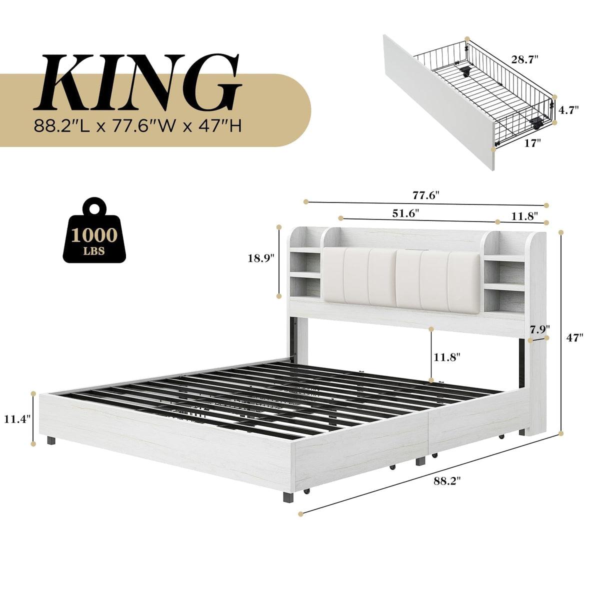 Bed Frame with Headboard & Charging Station, Rustic White