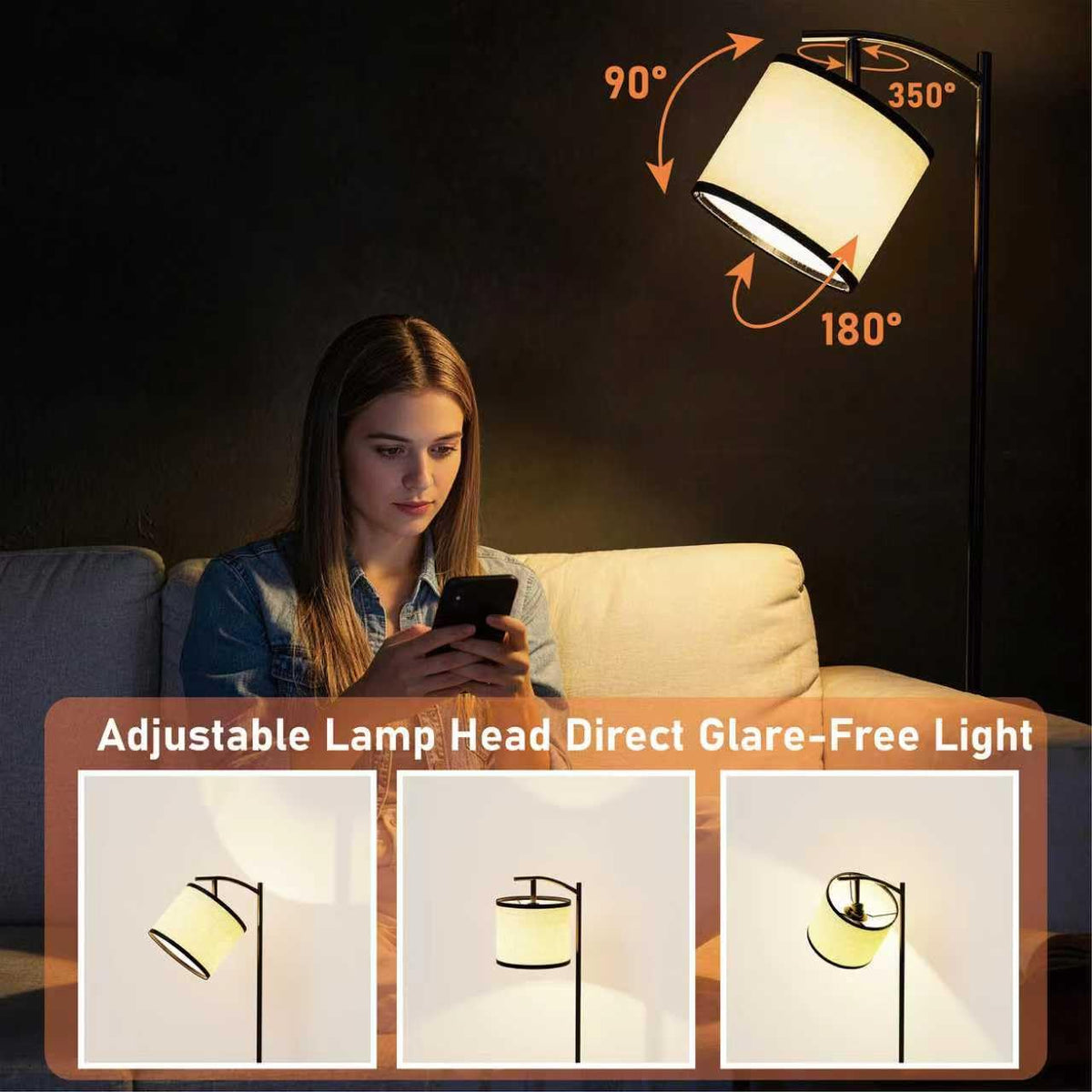 Floor Lamp with Table, Narrow Side Table with Charging Station
