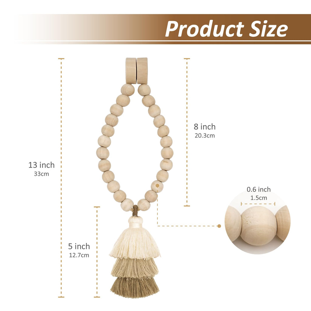 No Drill Curtain Tiebacks with Strong Magnetic Closure, Natural Wood Beads Boho Holdbacks with Triple Tassels