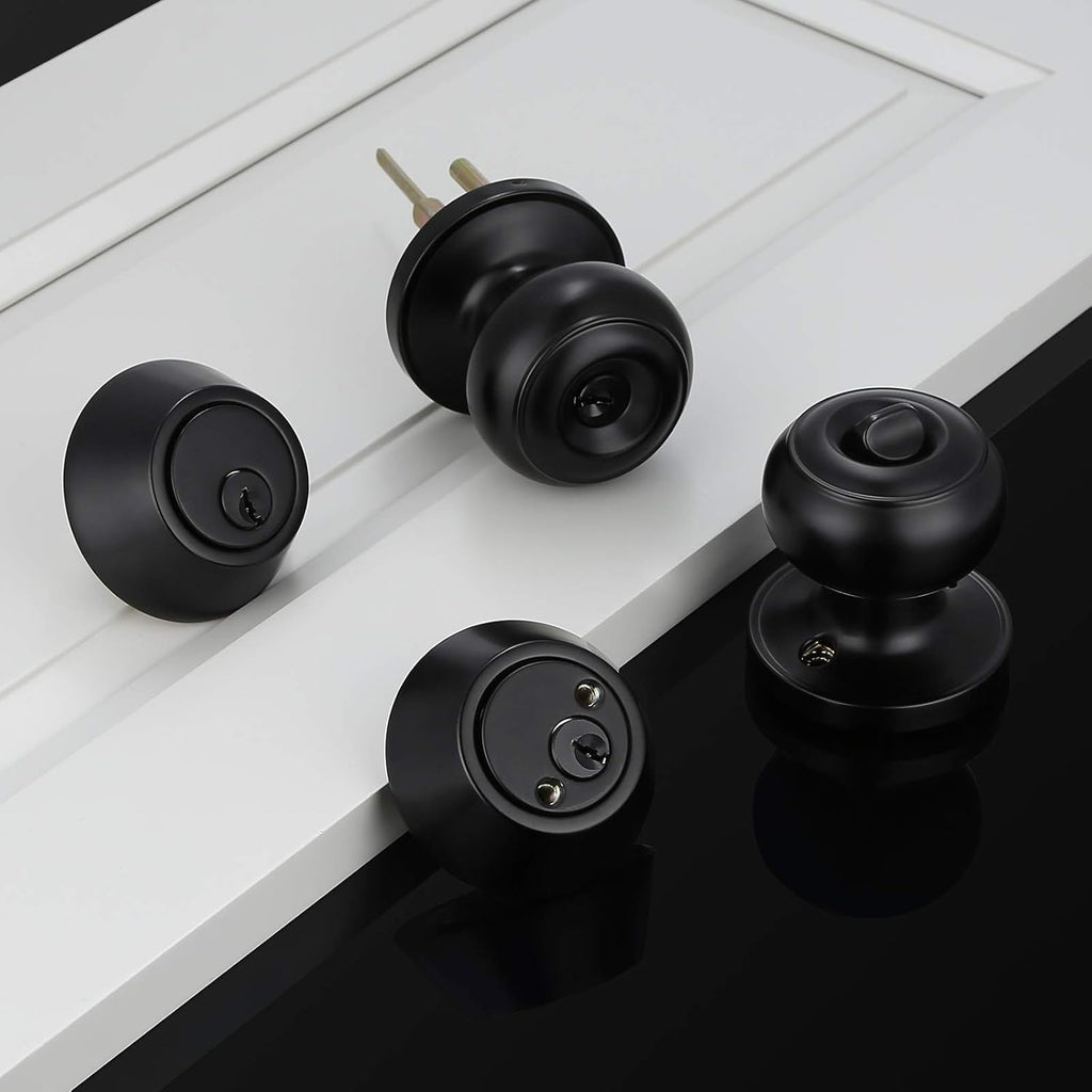 4 Pack Keyed Alike Entry Door Knobs and Double Cylinder Deadbolt Lock Combo Set, Matte Black Finished Door Lock Set