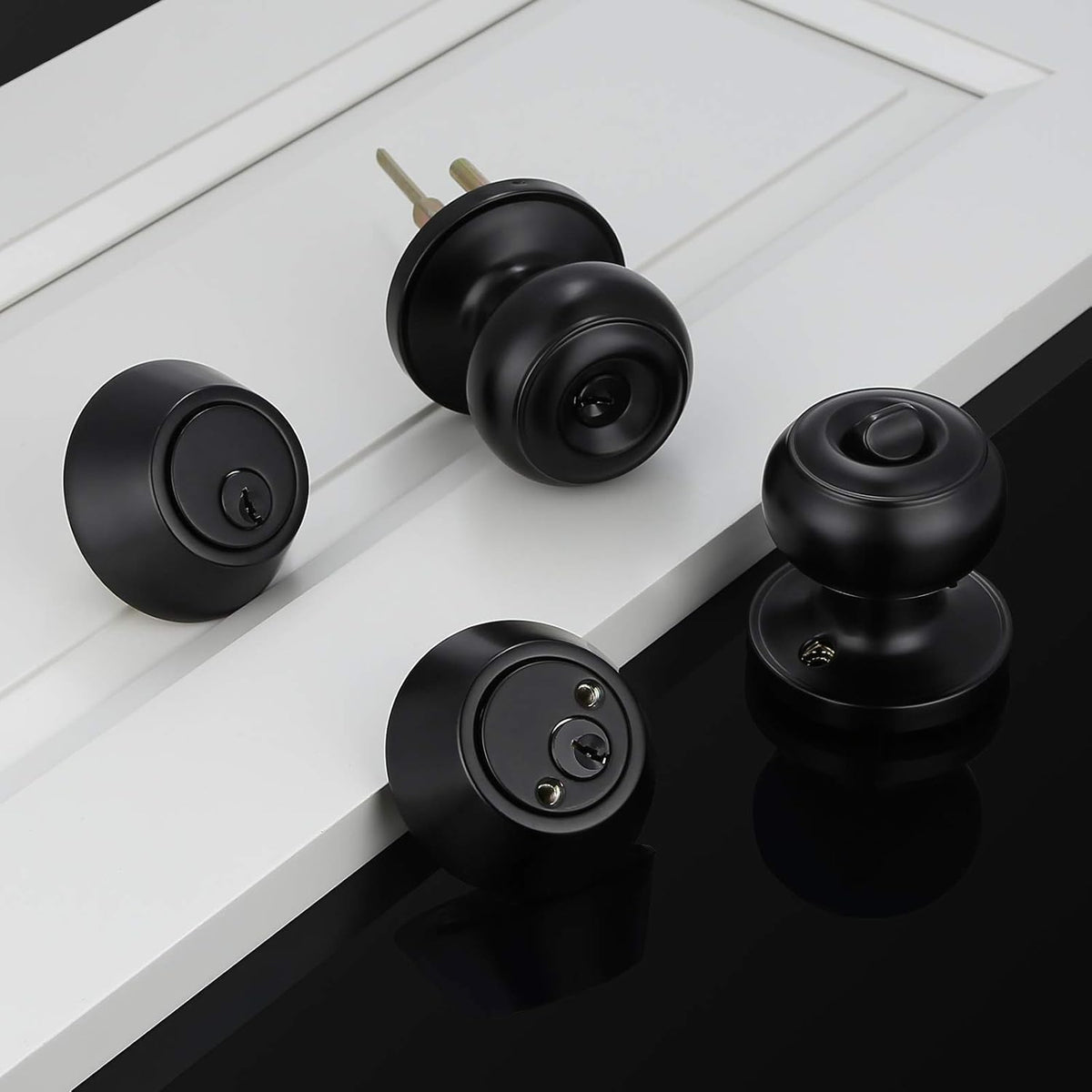 4 Pack Keyed Alike Entry Door Knobs and Double Cylinder Deadbolt Lock Combo Set, Matte Black Finished Door Lock Set