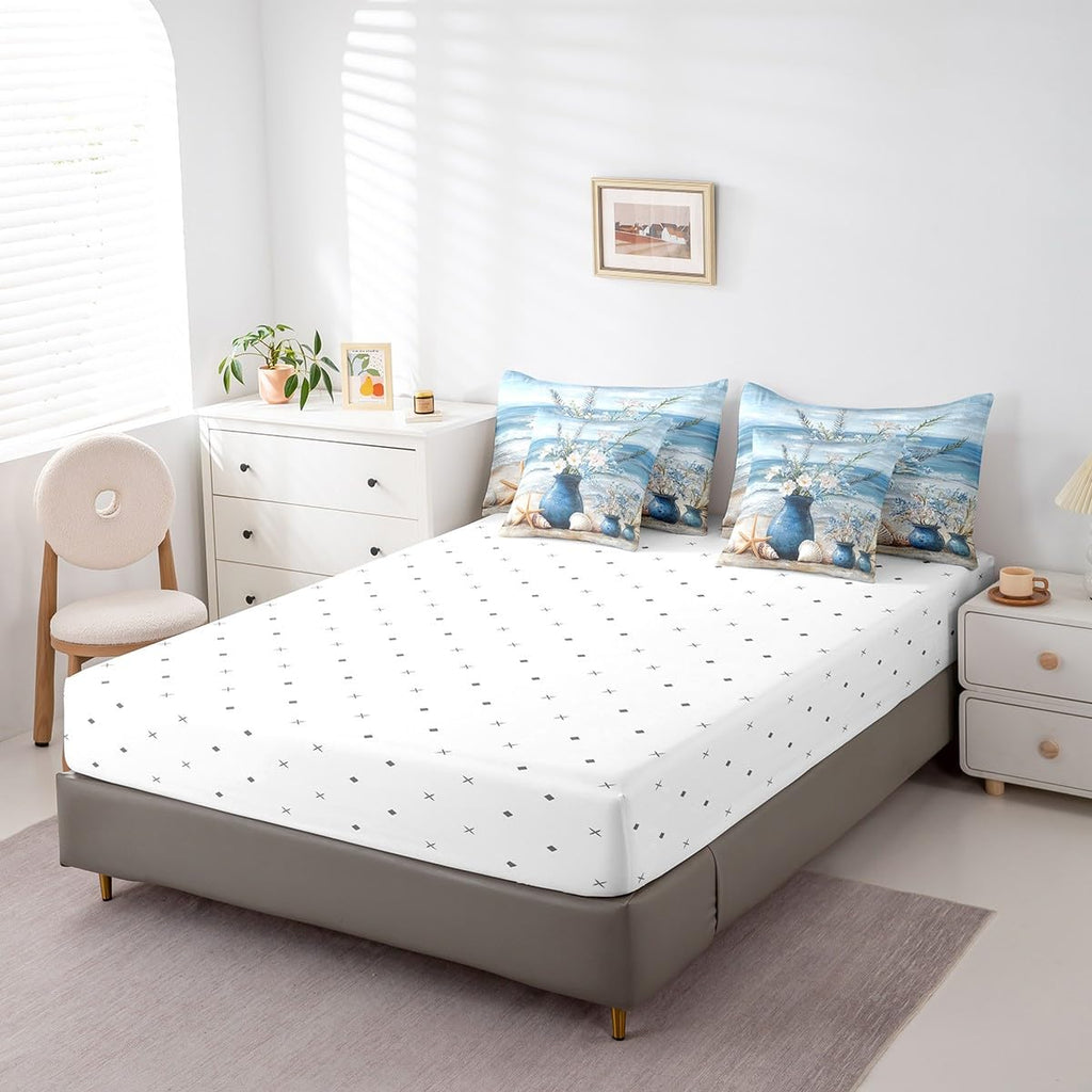 7 Piece Coastal Beach Floral Bedding Set, Ocean Waves Starfish Sea Shell Bed in a Bag with Sheets, Aesthetic