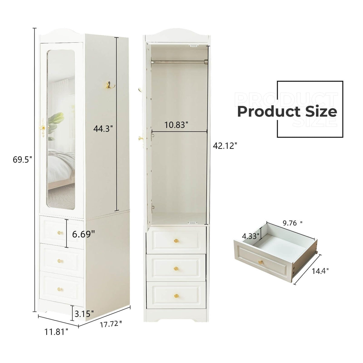 69.5" H Armoire Wardrobe Closet, Modern Wood Bedroom Armoires Cabinet with Mirror Door and 6 Drawers, White Clothing