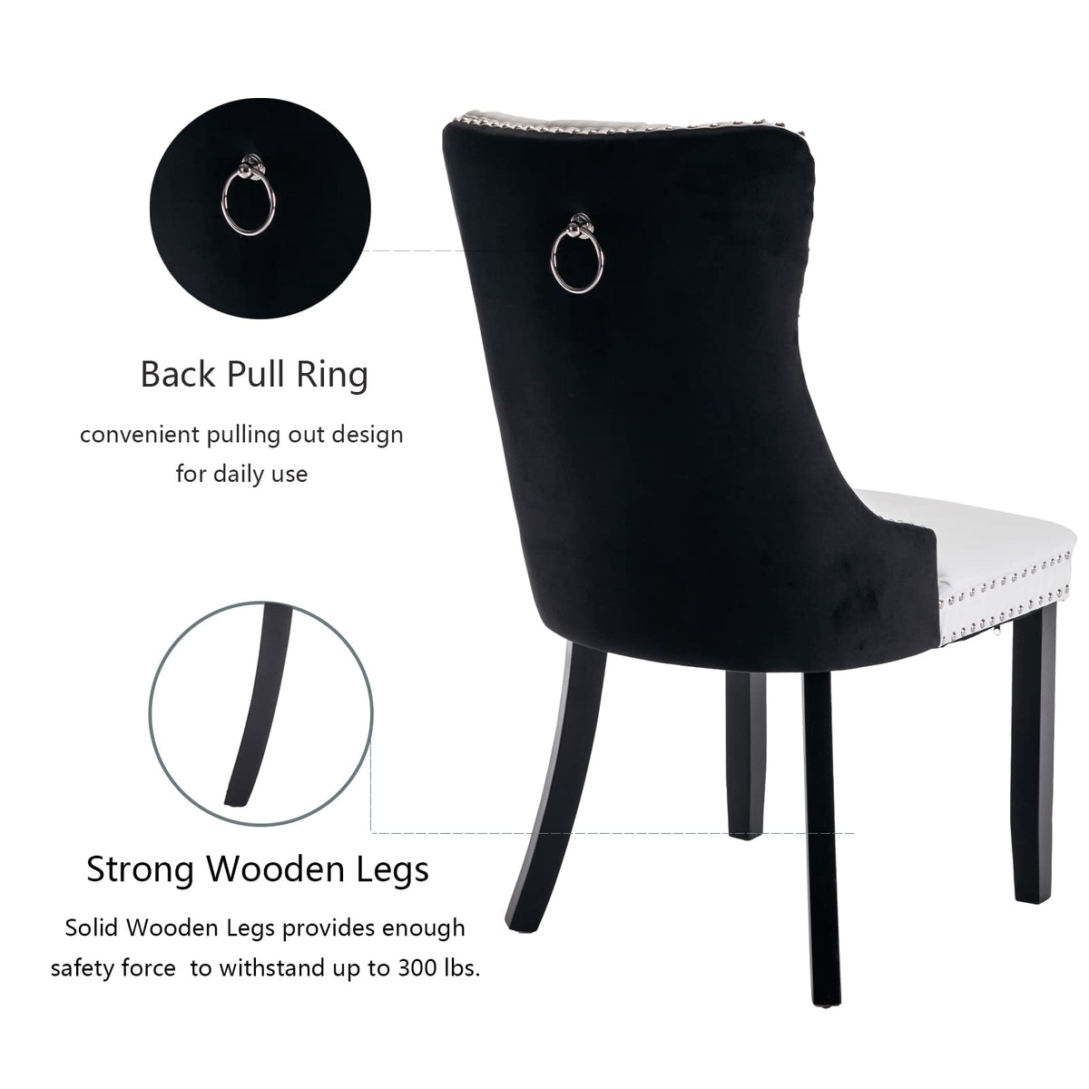Black and White Dining Chairs Set of 4, Velvet Back, PU Leather Seat