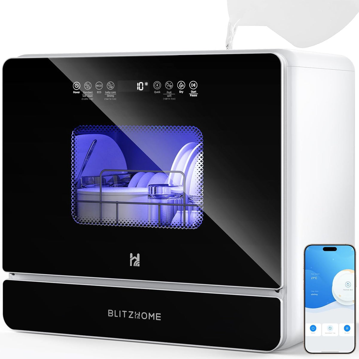 WiFi Countertop Portable Mini Dishwasher, Smart 9 Programs,167℉ High-Temp, Hot Air Drying, Air Refresh, 360° 3 Spray