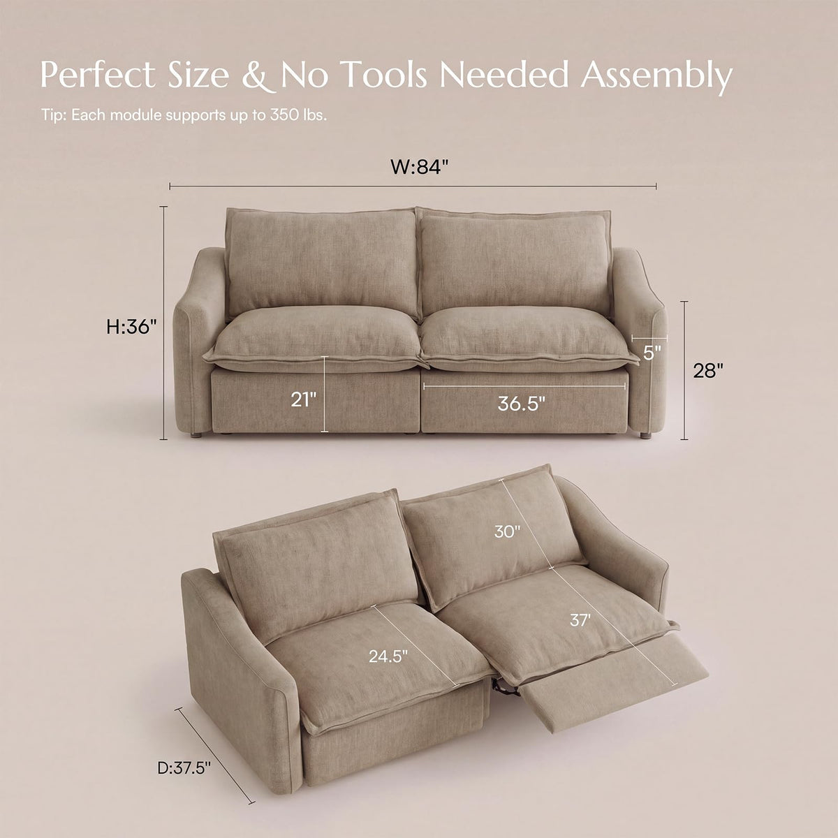 Ergopals 84'' Reclining Sofa, Loveseat Recliner, 2 Seater, Khaki