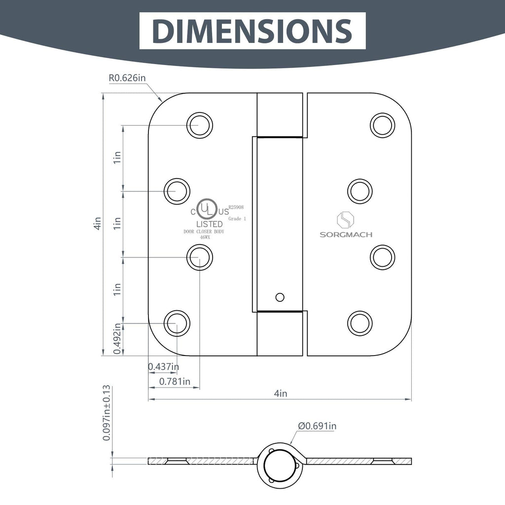 Self Closing Hinge Satin Brass Auto Close Hardware Adjustable Spring Hinges Satin Hinges 5/8" Radius Corner for