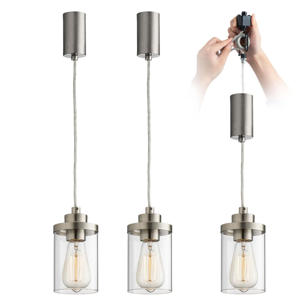 H Type Track Lighting Pendant, Brushed Nickel, Pack of 3