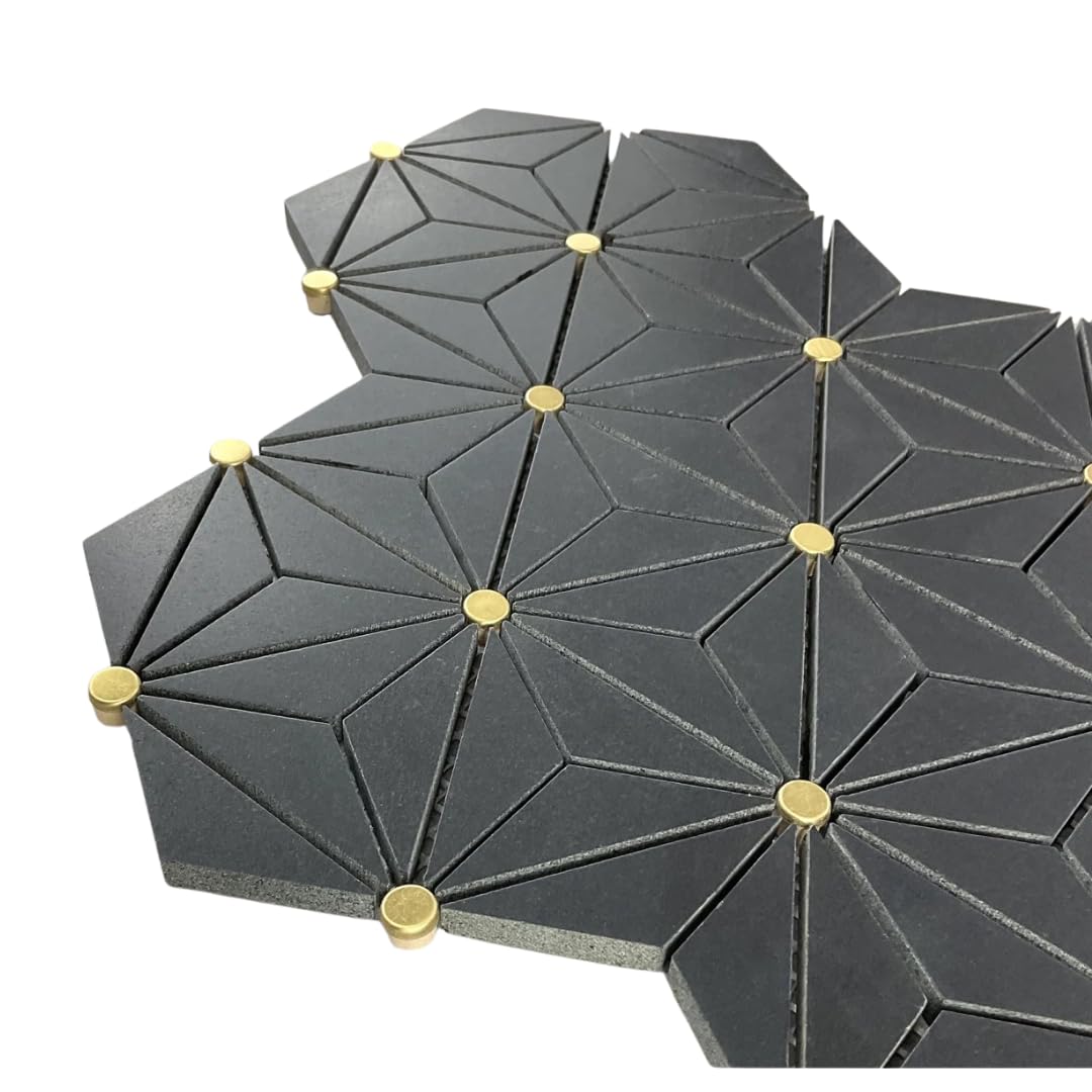 Black Geometric Marble Mosaic Tile with Brass Dots, 12x15 Inch, Honed Finish, Floor & Wall Use (1 Sheet)