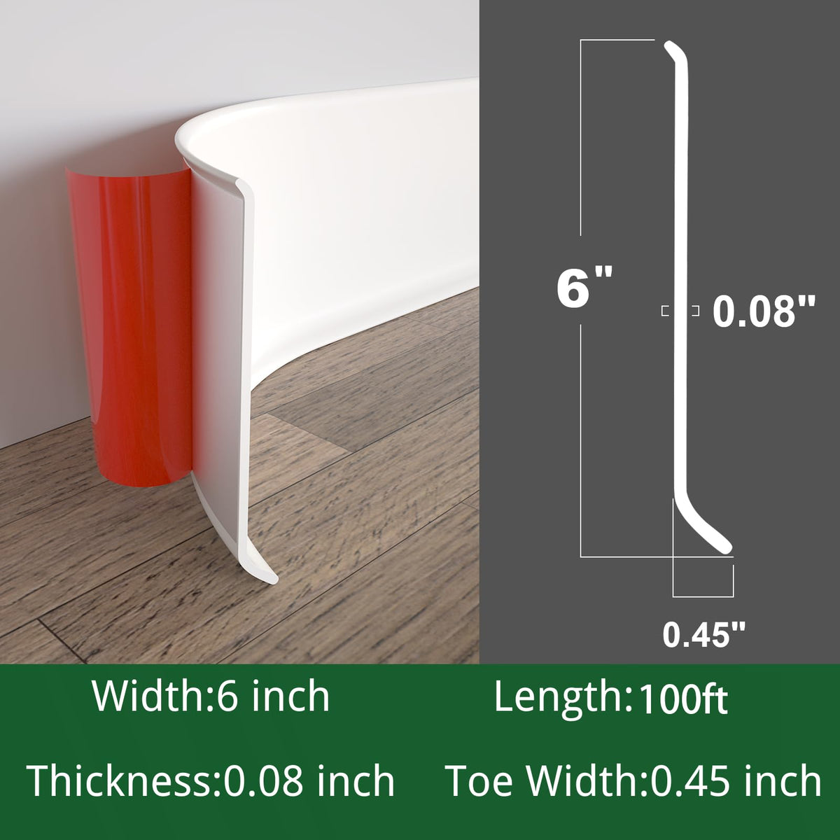 Peel and Stick Rubber Baseboard Molding, 6 Inch x 100 Feet, White