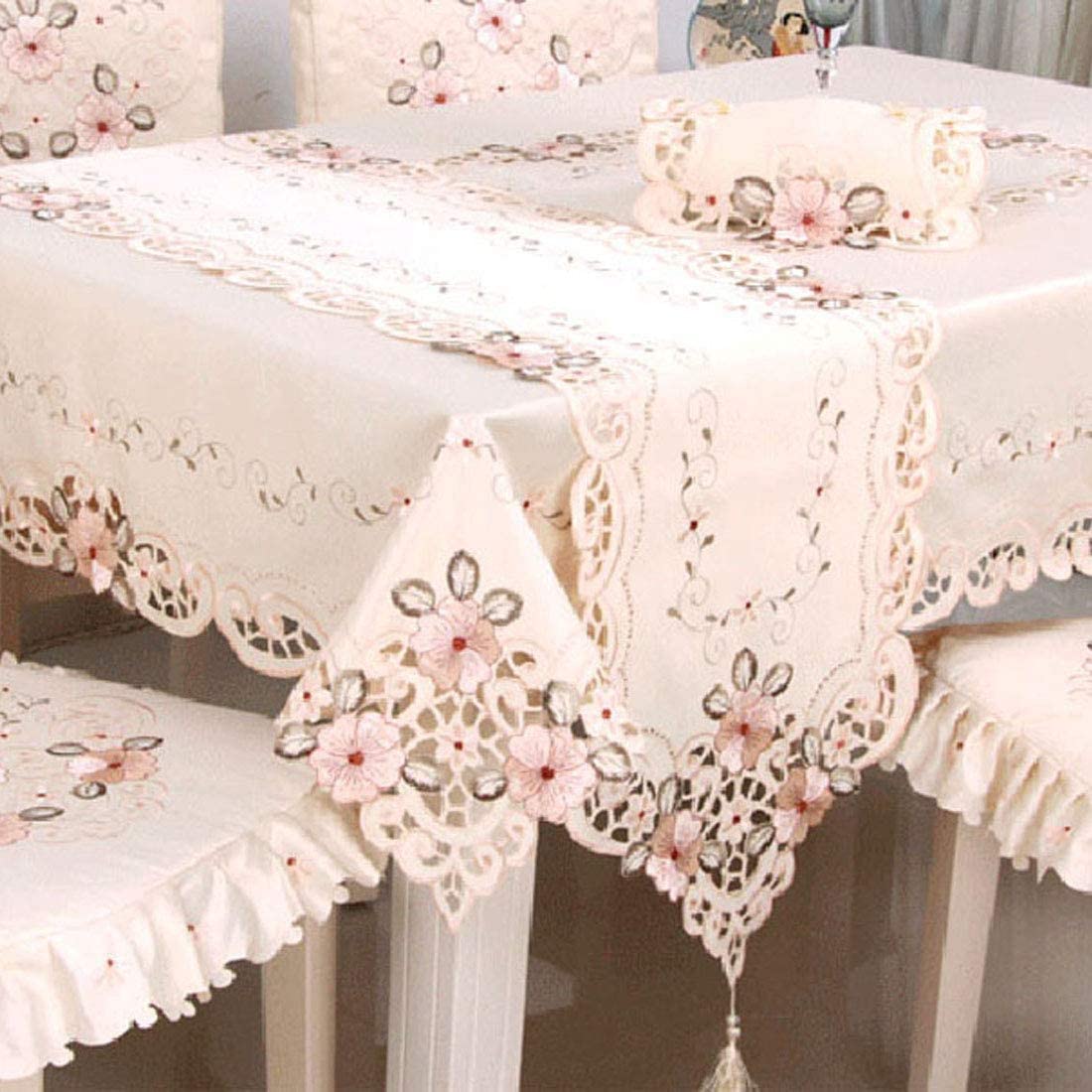 57" X 86" Oblong Beige Flower Embroidered Tablecloth, Vintage Classic Lace Floral Dining Table Cloth Table Cover