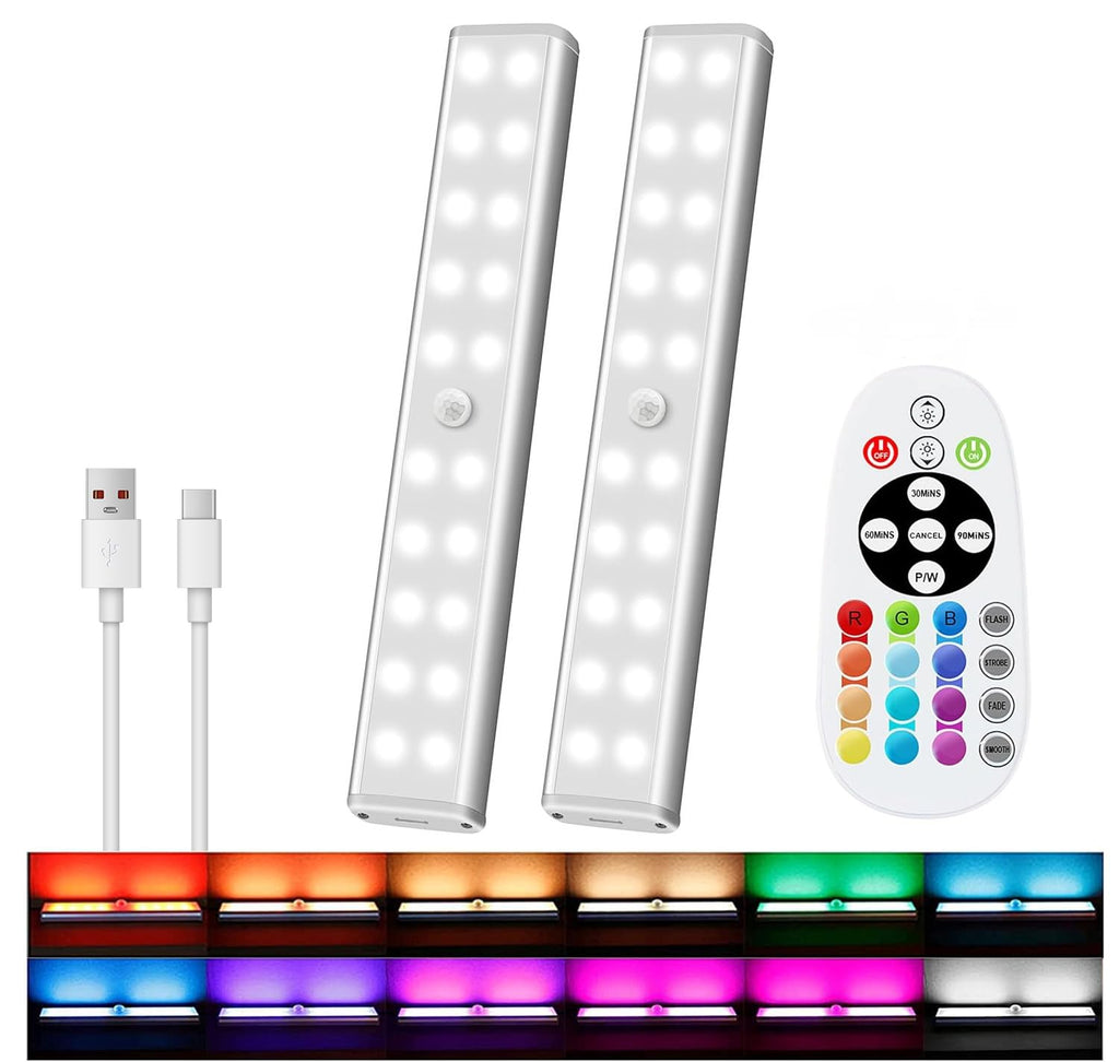 Under Cabinet Light Wireless with Remote, 15 Color RGB Magnetic Led Light Bar, 48-LED Rechargeable Closet Lights, 3