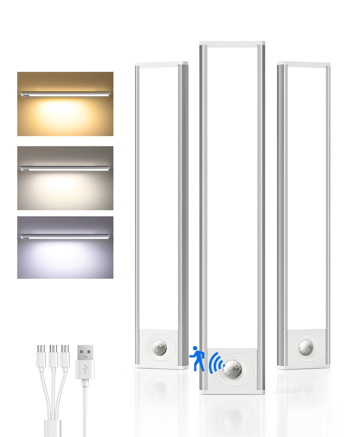 10inch Under Cabinet Lighting Wireless, 3-Pack Rechargeable Battery Motion Sensor Light Indoor, LED Closet Lights USB