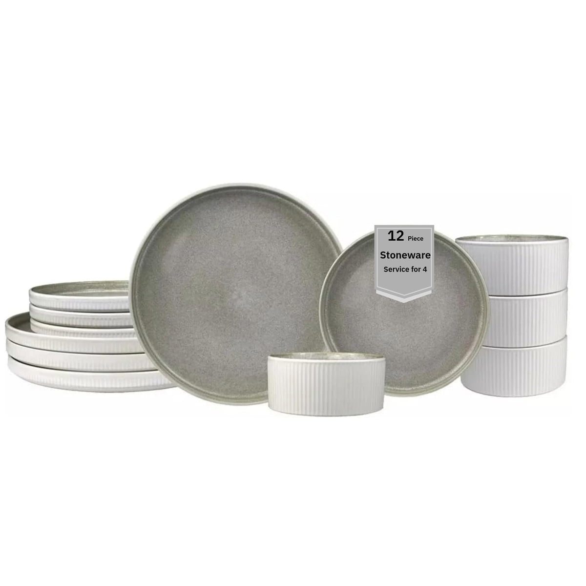 12 Pieces Stoneware Fluted Dinnerware Set, Modern Cream Dishes for 4, Premium Serving Plates and Bowls Sets, Chip &