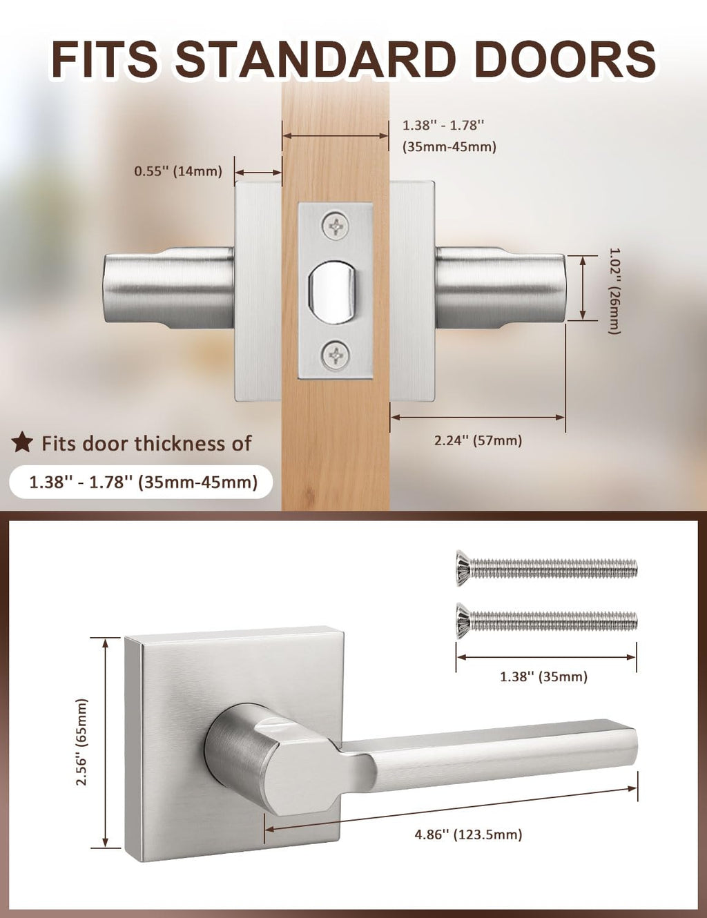5 Pack Square Brushed Nickel Door Handles Interior, Non-Locking Interior Passage Door Lock Hallway/Closet Door Lever