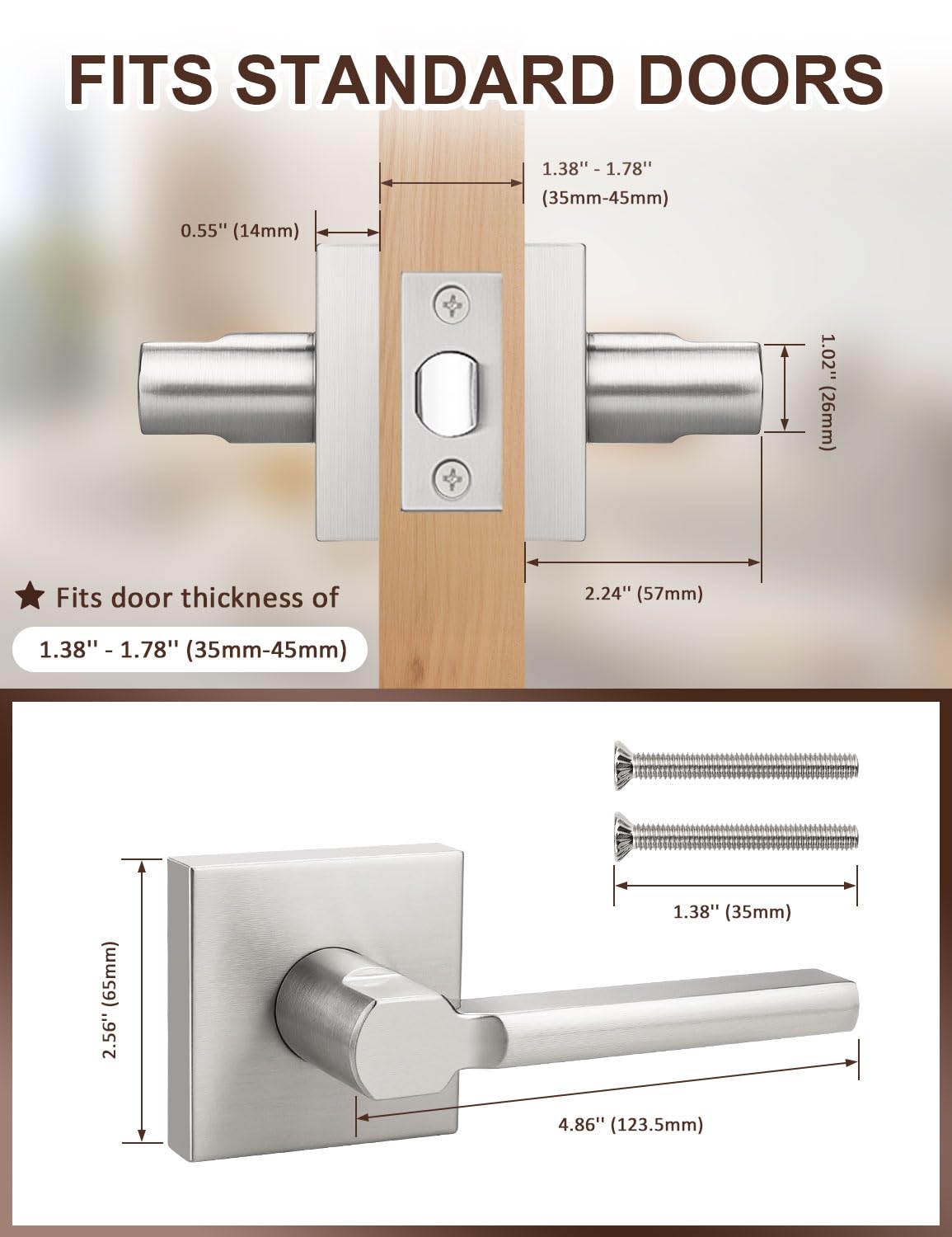 5 Pack Square Brushed Nickel Door Handles Interior, Non-Locking Interior Passage Door Lock Hallway/Closet Door Lever