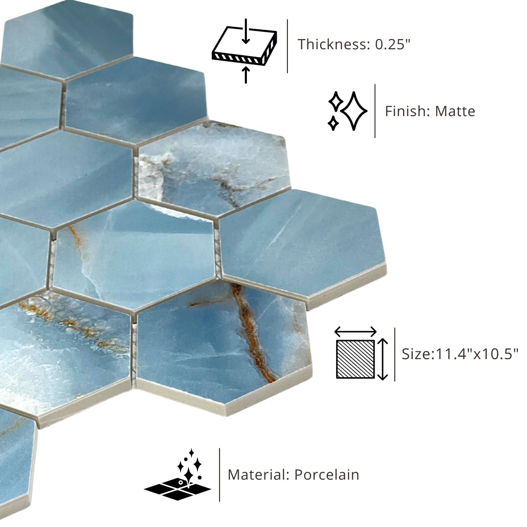 HTC168 Azurite 3" Turquoise Blue Mixed Hexagon Matte Porcelain Mosaic Tile - Marble Look, Ideal for Backsplash