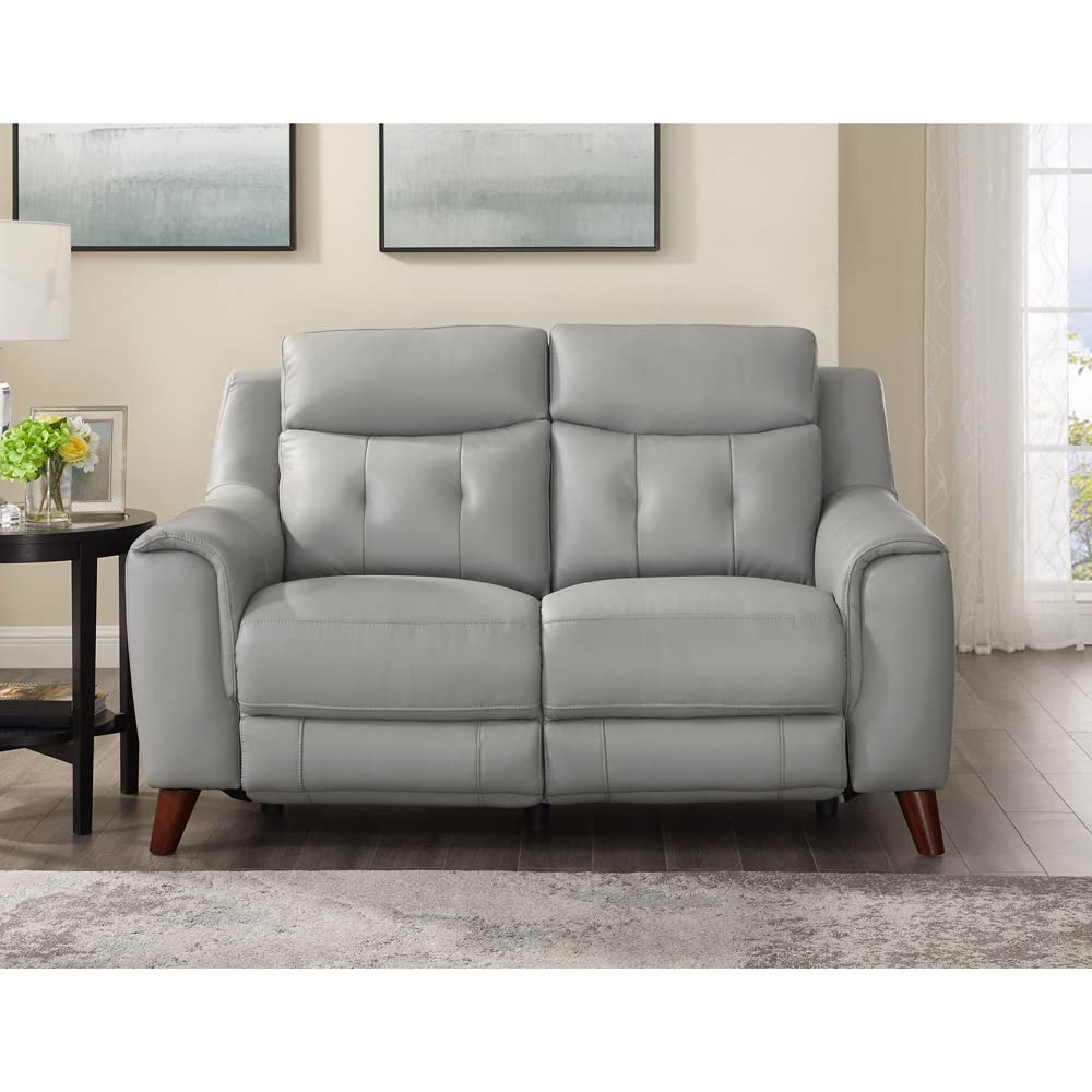 Torino Power Recline and Headrest Top Grain Leather Loveseat with Built-in USB-Ports, Silver Grey